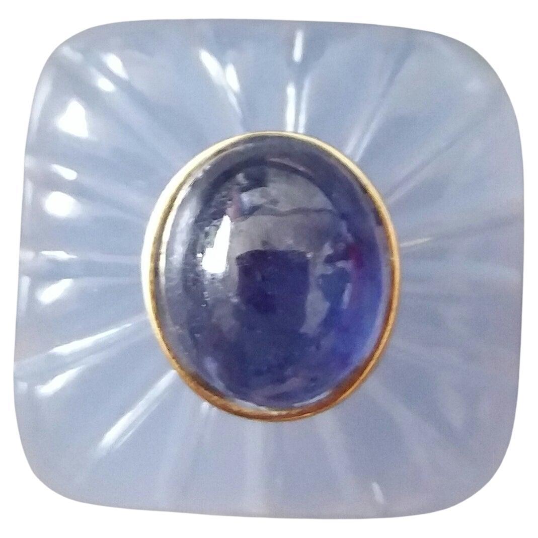 Art Deco Style Carved Chalcedony Cushion Cab Blue Sapphire Gold Cocktail Ring For Sale