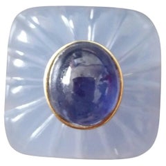 Art Deco Style Carved Chalcedony Cushion Cab Blue Sapphire Gold Cocktail Ring