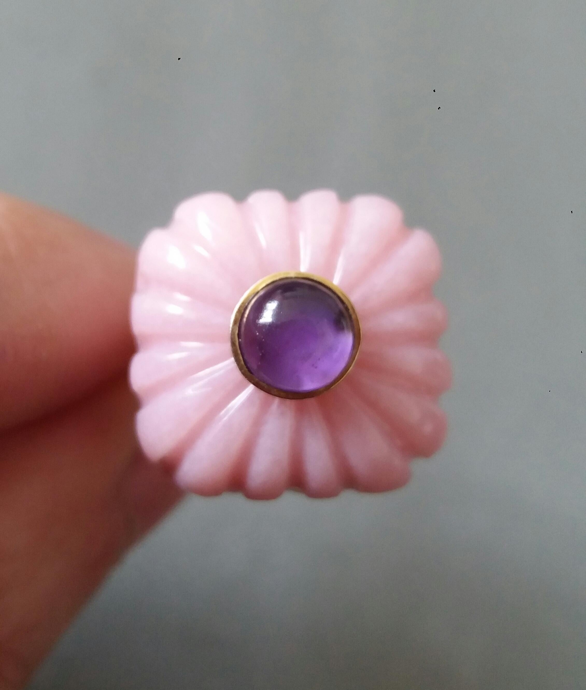 For Sale:  Art Deco Style Carved Cushion Pink Opal Round Amethyst Cab Gold Cocktail Ring 10