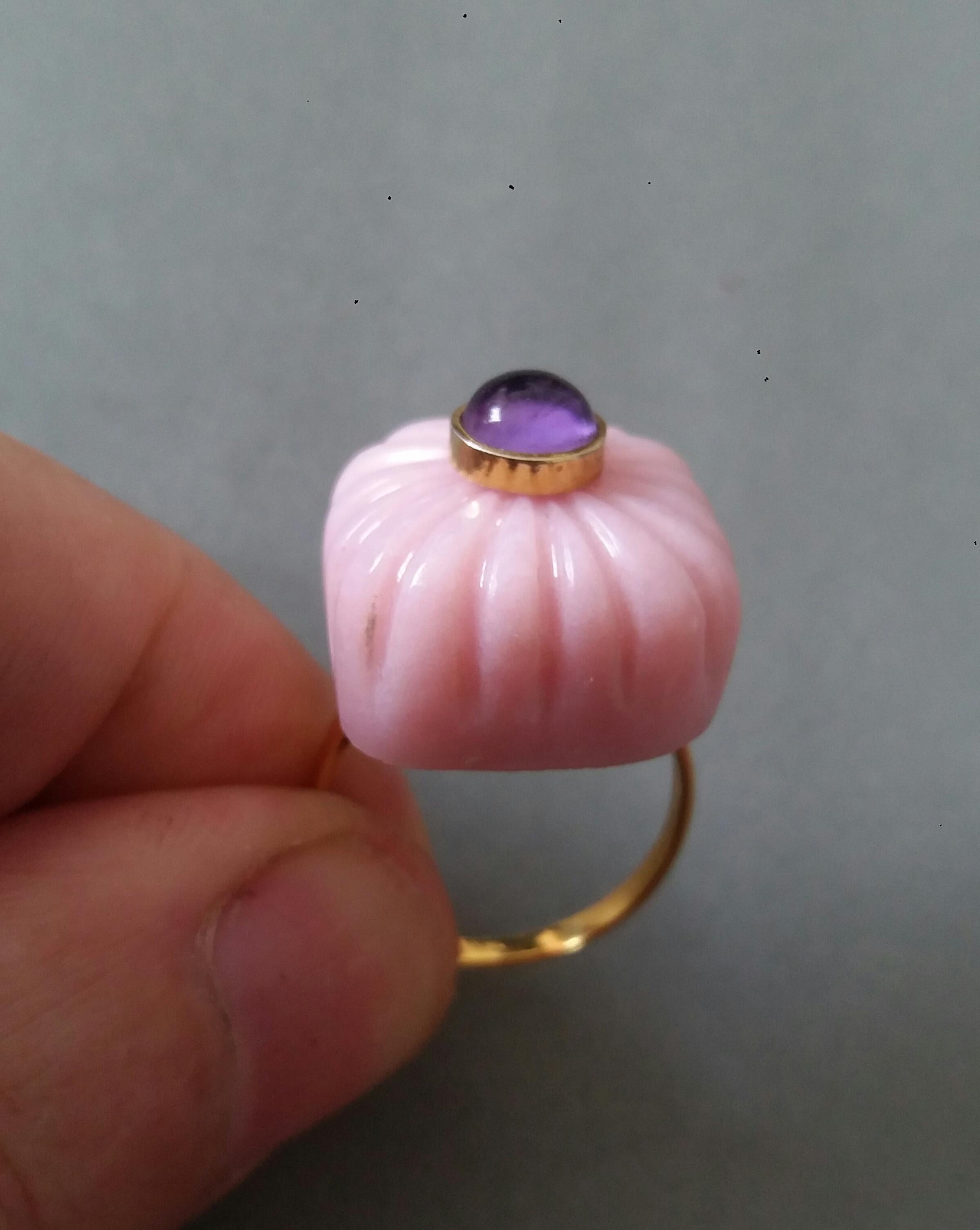 For Sale:  Art Deco Style Carved Cushion Pink Opal Round Amethyst Cab Gold Cocktail Ring 11