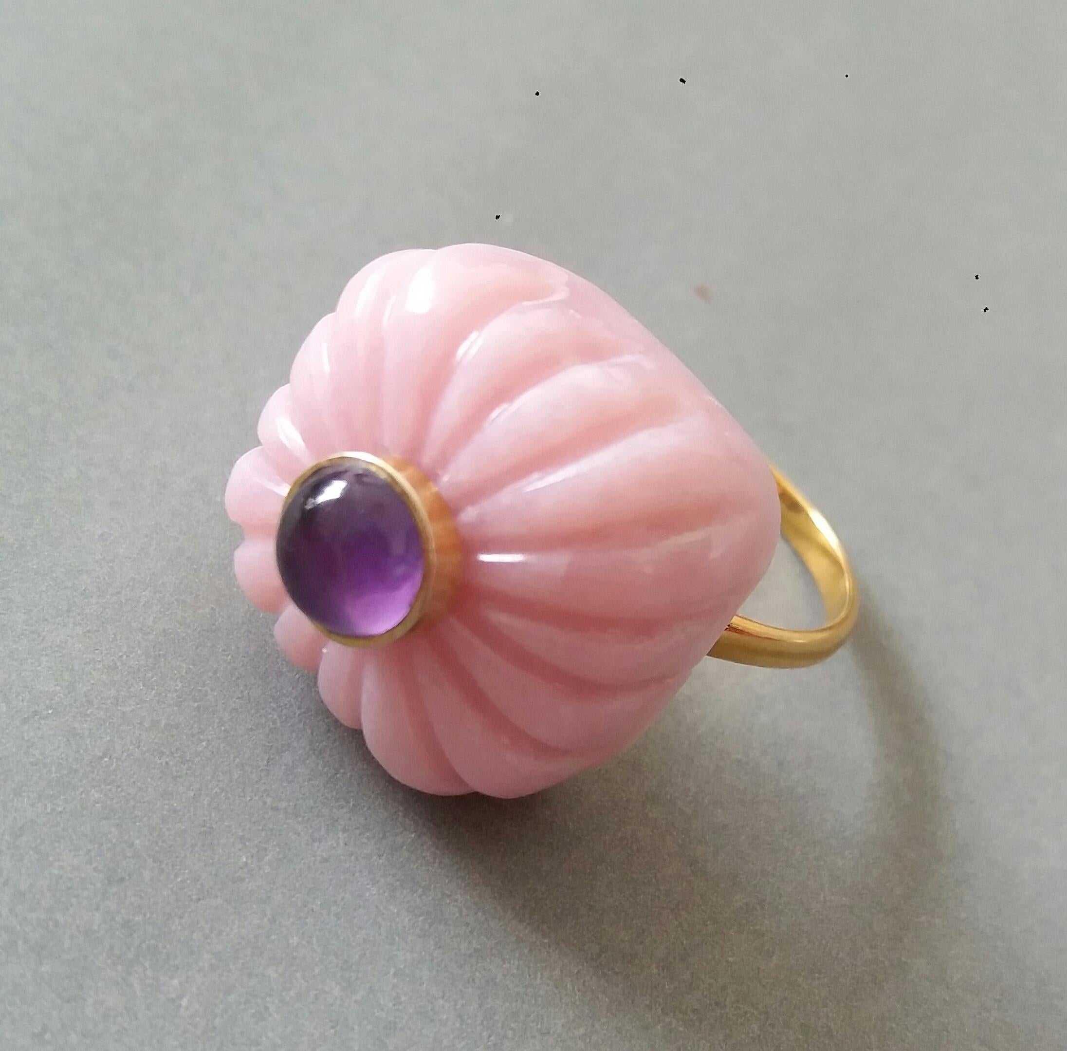 For Sale:  Art Deco Style Carved Cushion Pink Opal Round Amethyst Cab Gold Cocktail Ring 12