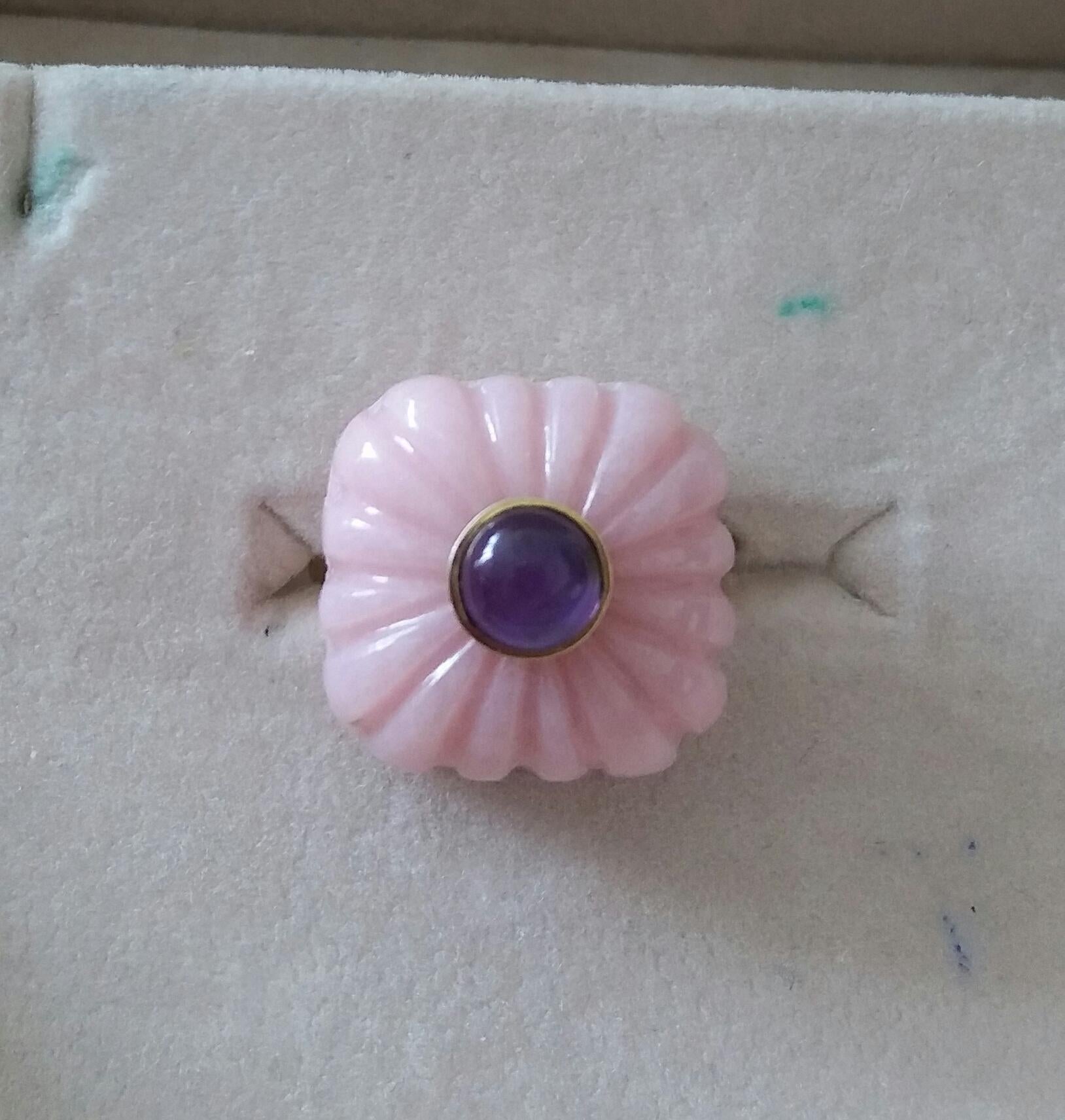 For Sale:  Art Deco Style Carved Cushion Pink Opal Round Amethyst Cab Gold Cocktail Ring 14