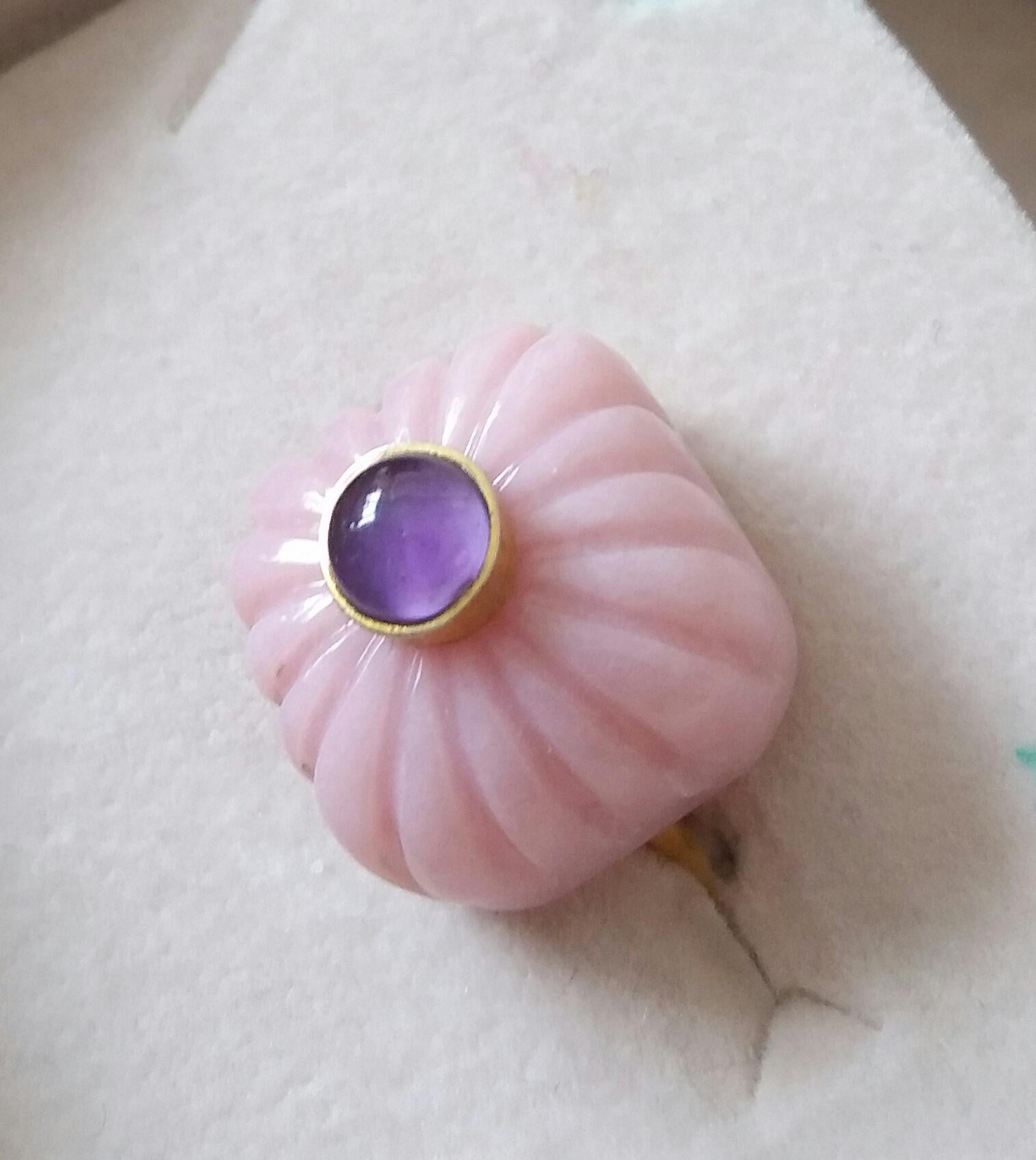 For Sale:  Art Deco Style Carved Cushion Pink Opal Round Amethyst Cab Gold Cocktail Ring 15