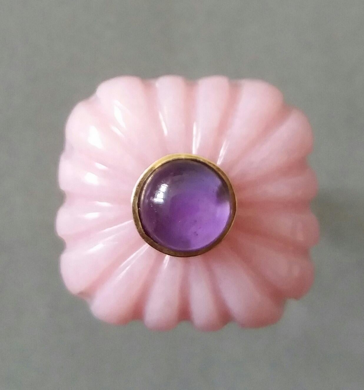 For Sale:  Art Deco Style Carved Cushion Pink Opal Round Amethyst Cab Gold Cocktail Ring 16