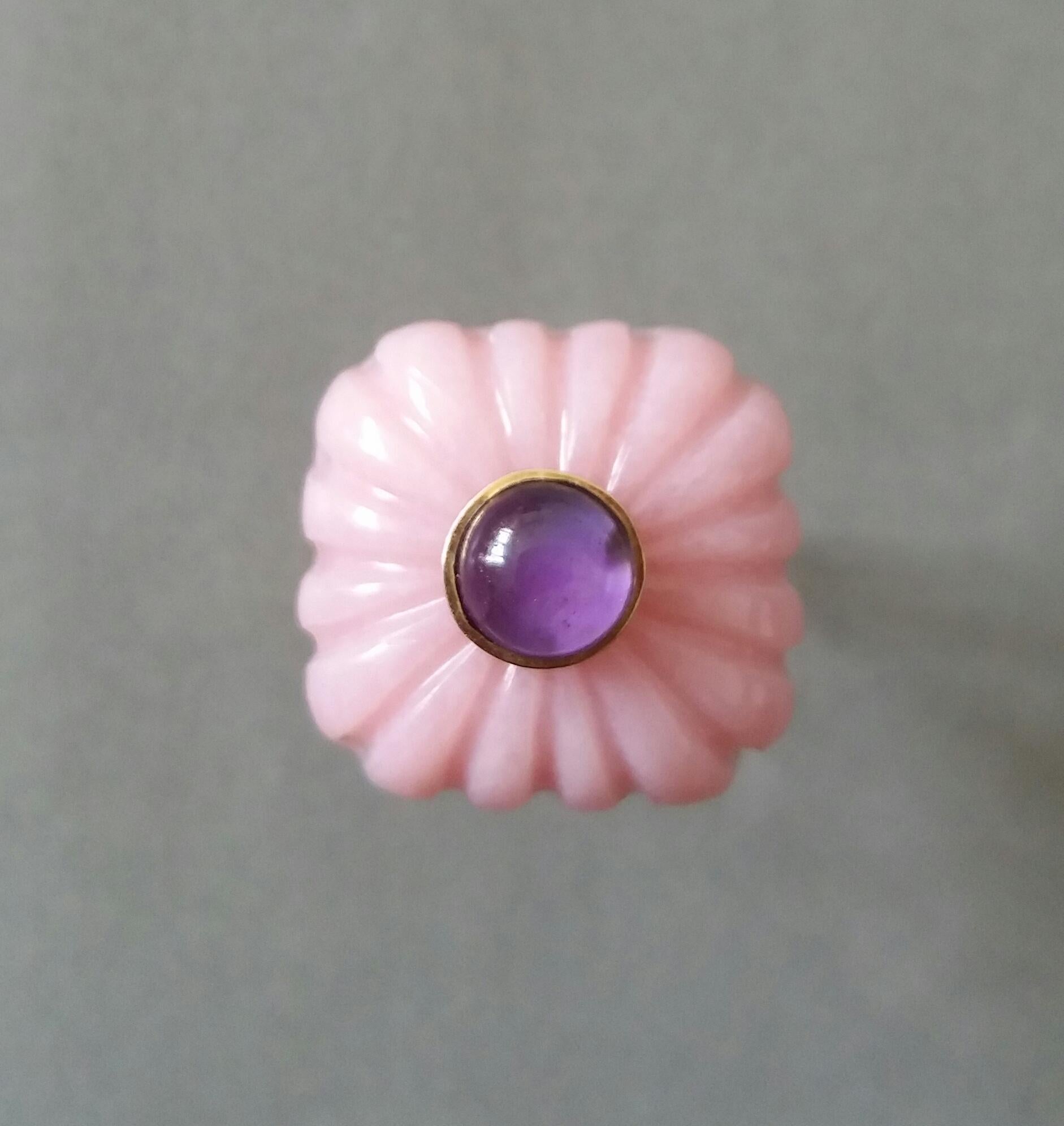 For Sale:  Art Deco Style Carved Cushion Pink Opal Round Amethyst Cab Gold Cocktail Ring 17