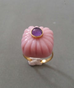 Art Deco Style Carved Cushion Pink Opal Round Amethyst Cab Gold Cocktail Ring