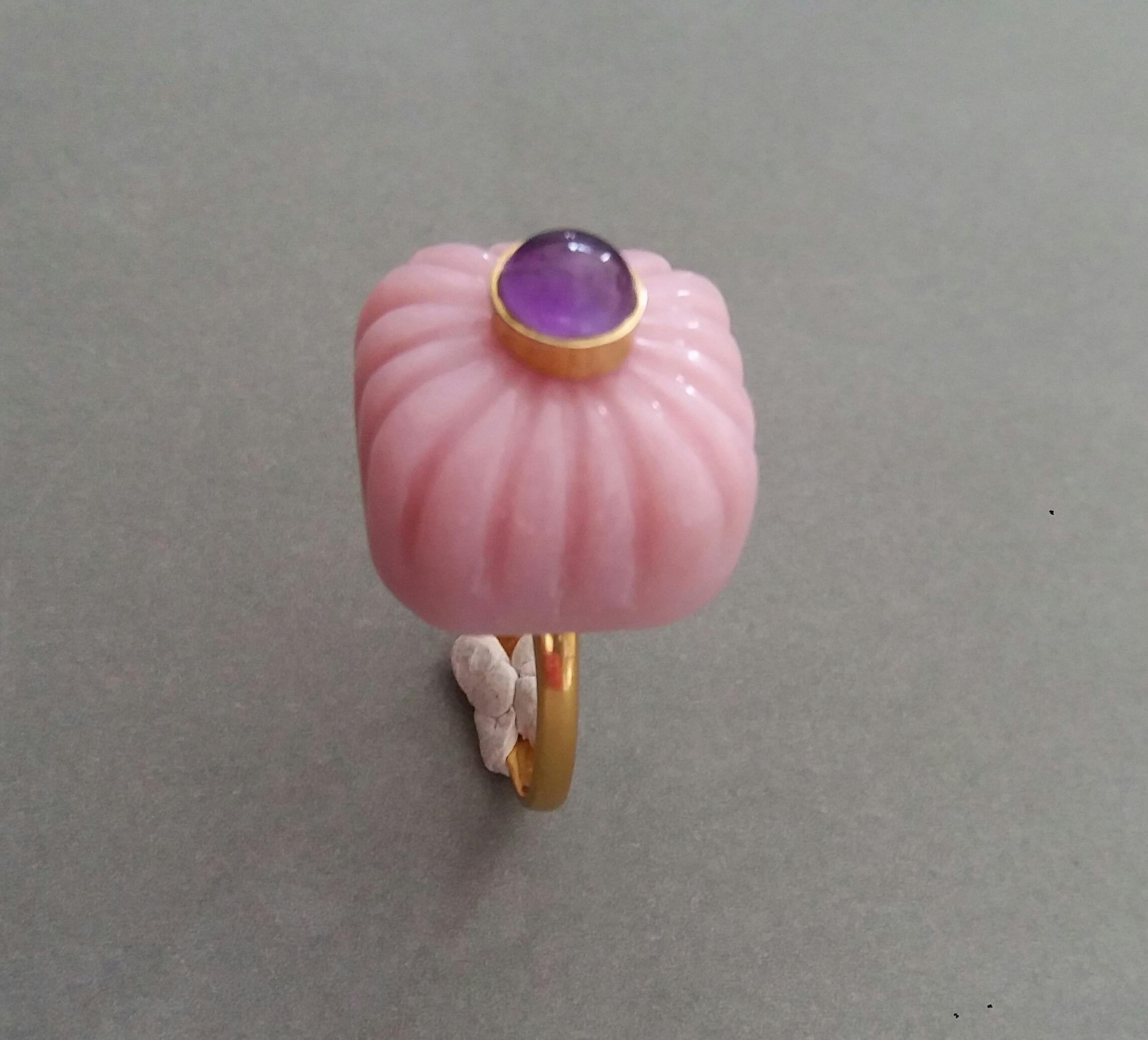 For Sale:  Art Deco Style Carved Cushion Pink Opal Round Amethyst Cab Gold Cocktail Ring 3