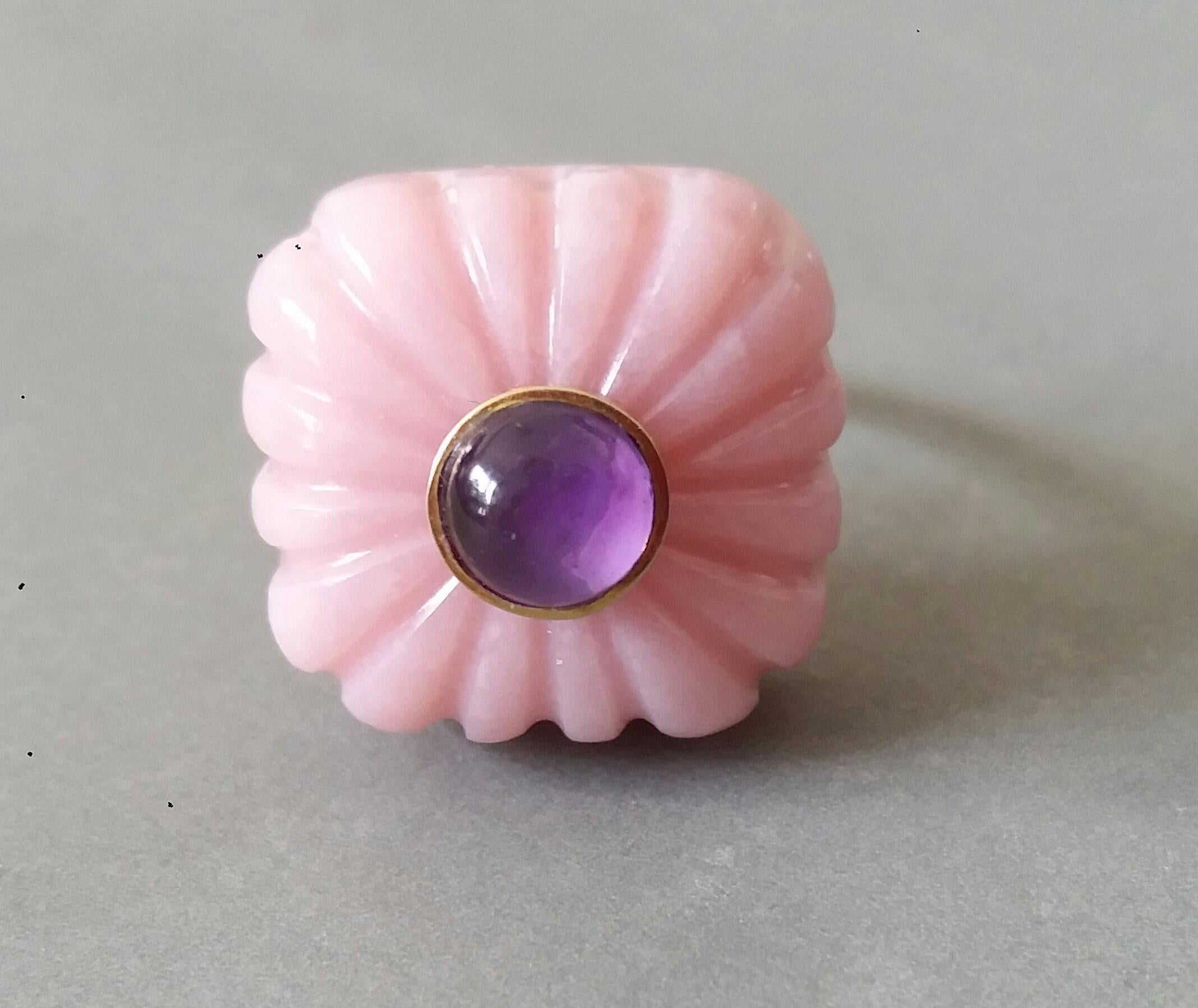 For Sale:  Art Deco Style Carved Cushion Pink Opal Round Amethyst Cab Gold Cocktail Ring 4