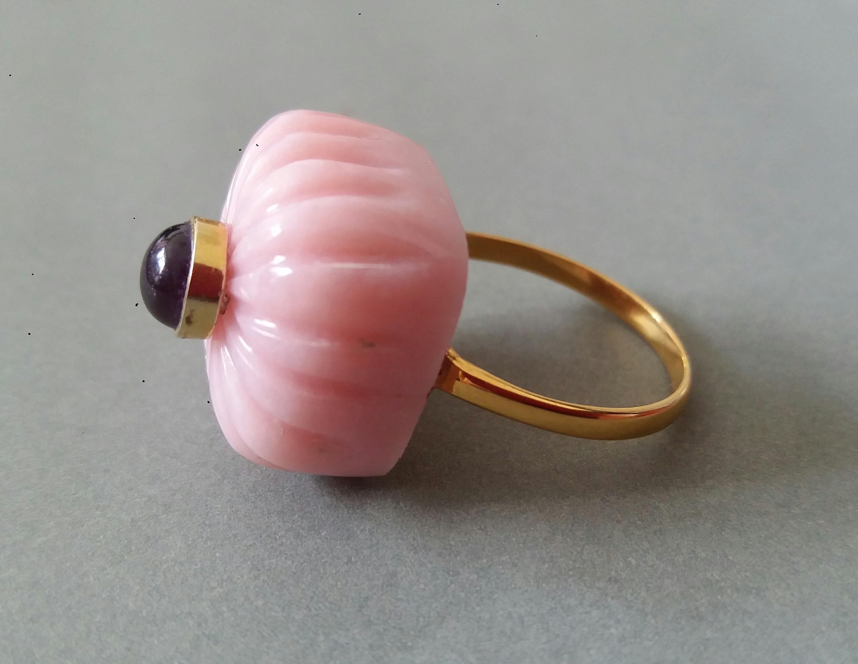For Sale:  Art Deco Style Carved Cushion Pink Opal Round Amethyst Cab Gold Cocktail Ring 5