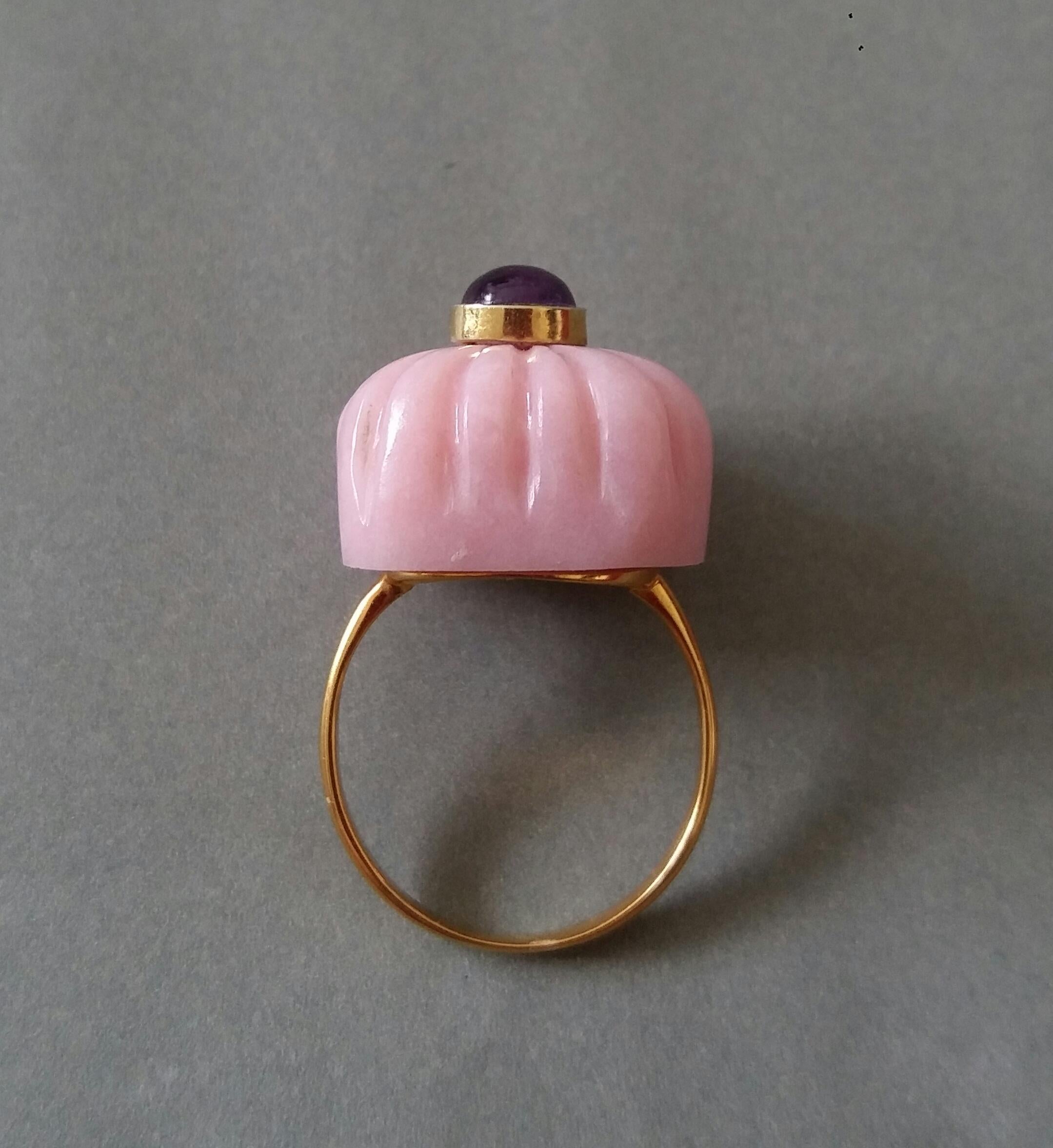 For Sale:  Art Deco Style Carved Cushion Pink Opal Round Amethyst Cab Gold Cocktail Ring 6