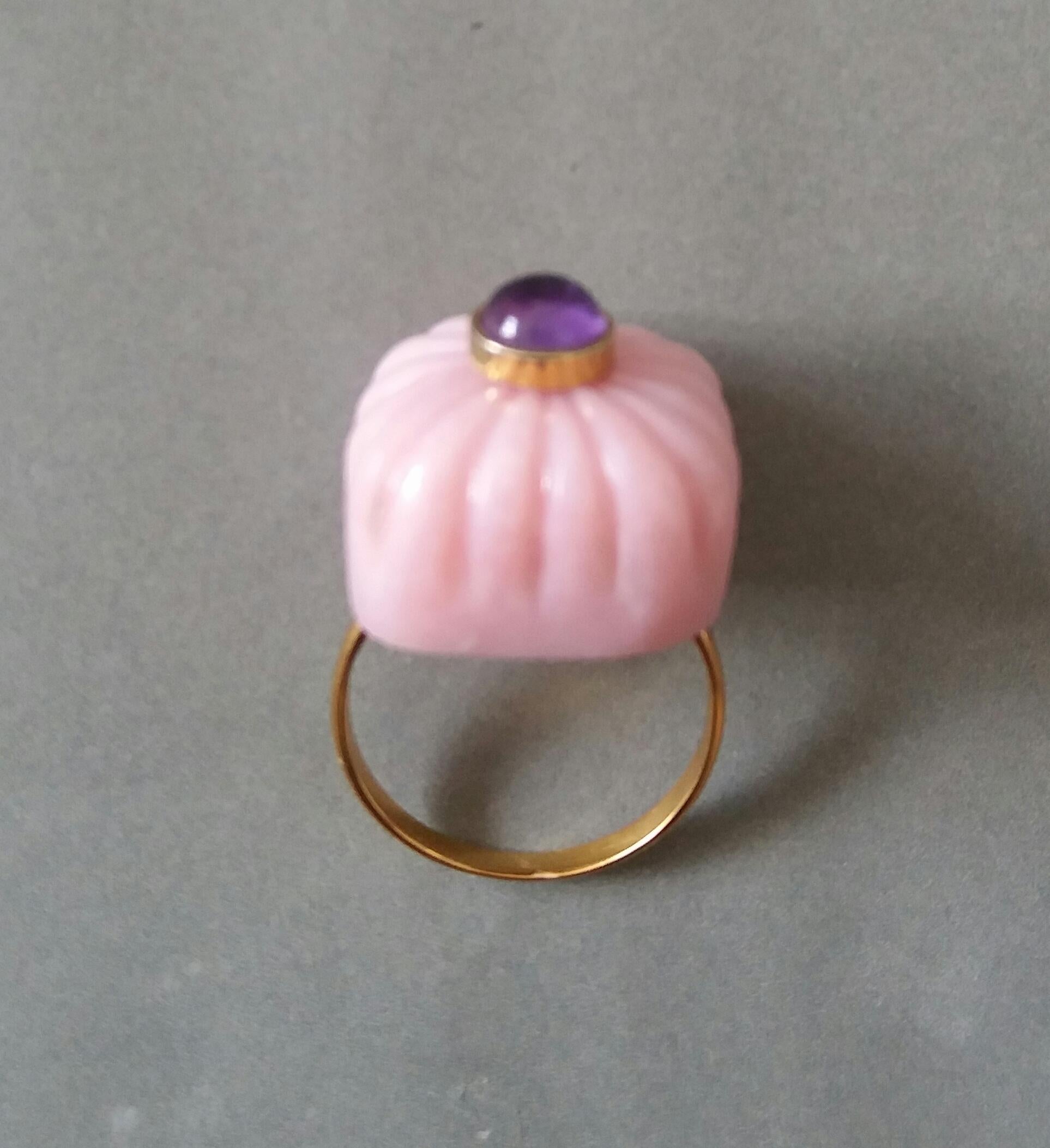 For Sale:  Art Deco Style Carved Cushion Pink Opal Round Amethyst Cab Gold Cocktail Ring 7