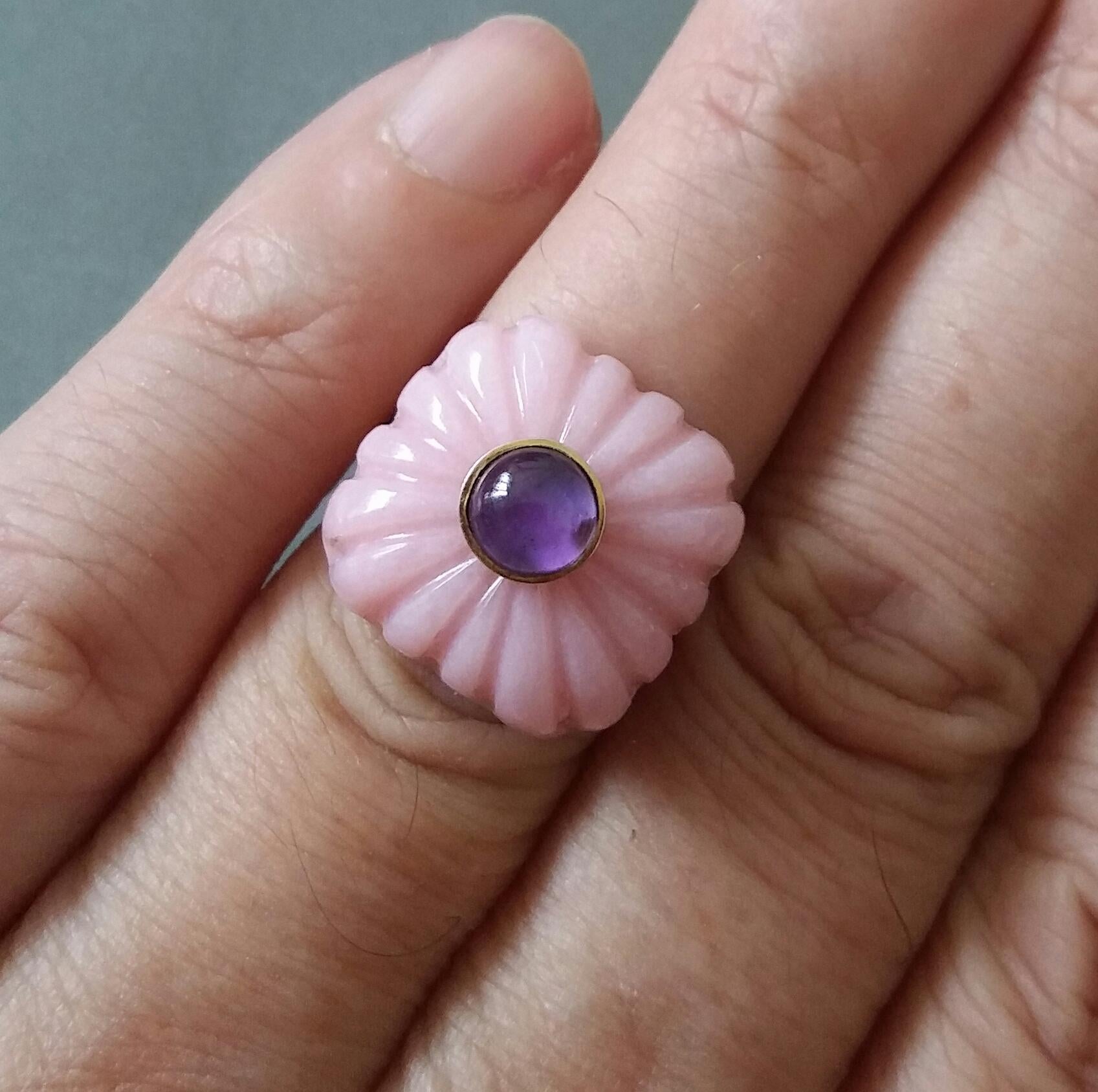 For Sale:  Art Deco Style Carved Cushion Pink Opal Round Amethyst Cab Gold Cocktail Ring 8