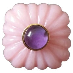 Runder Amethyst Cab Gold-Cocktailring im Art-déco-Stil mit geschnitztem rosa Opal im Kissenschliff