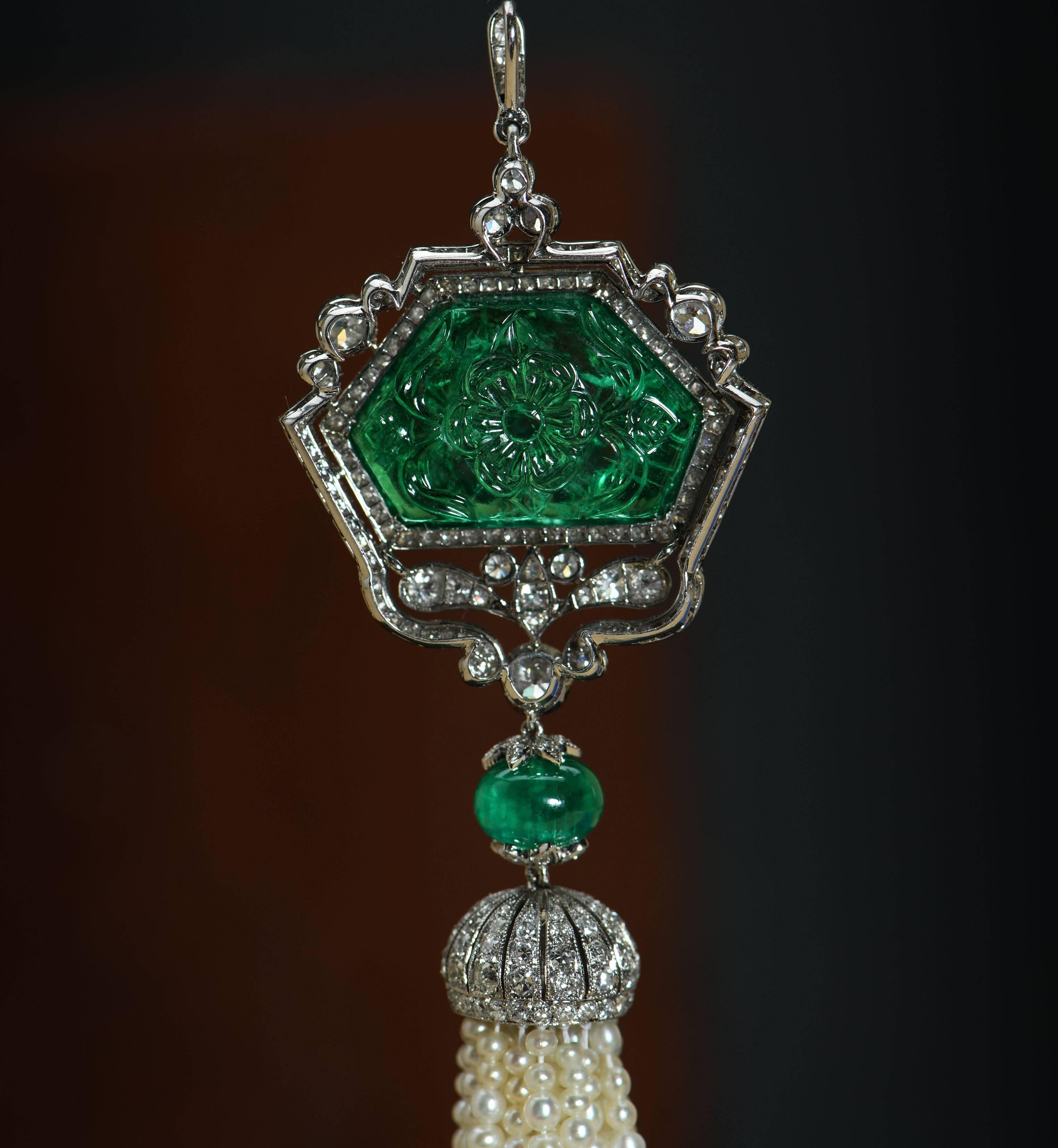 Art Deco Style Carved Emerald and Diamond Pendant with Pearl Tassel In Excellent Condition In Banbury, GB