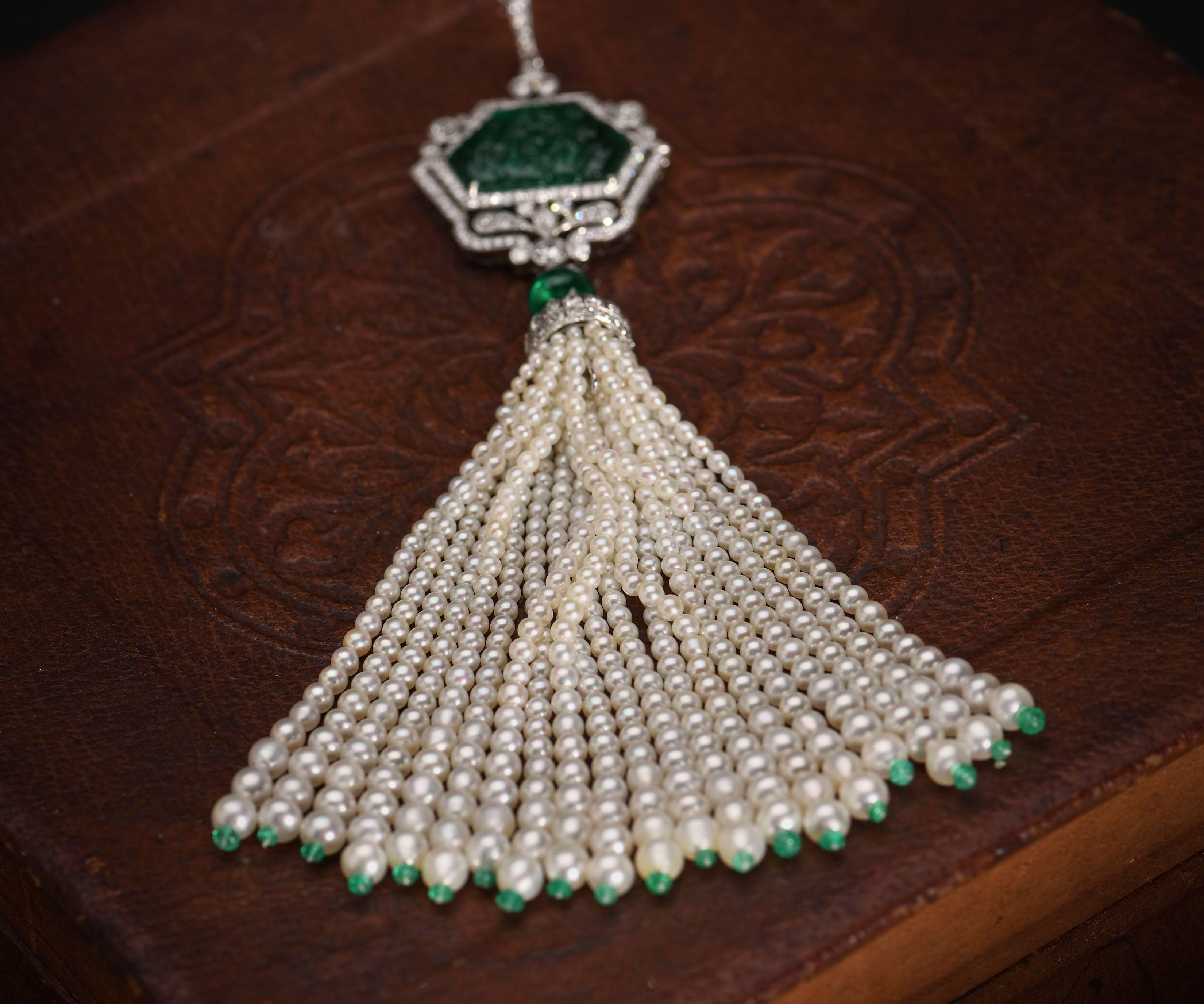 Women's Art Deco Style Carved Emerald and Diamond Pendant with Pearl Tassel