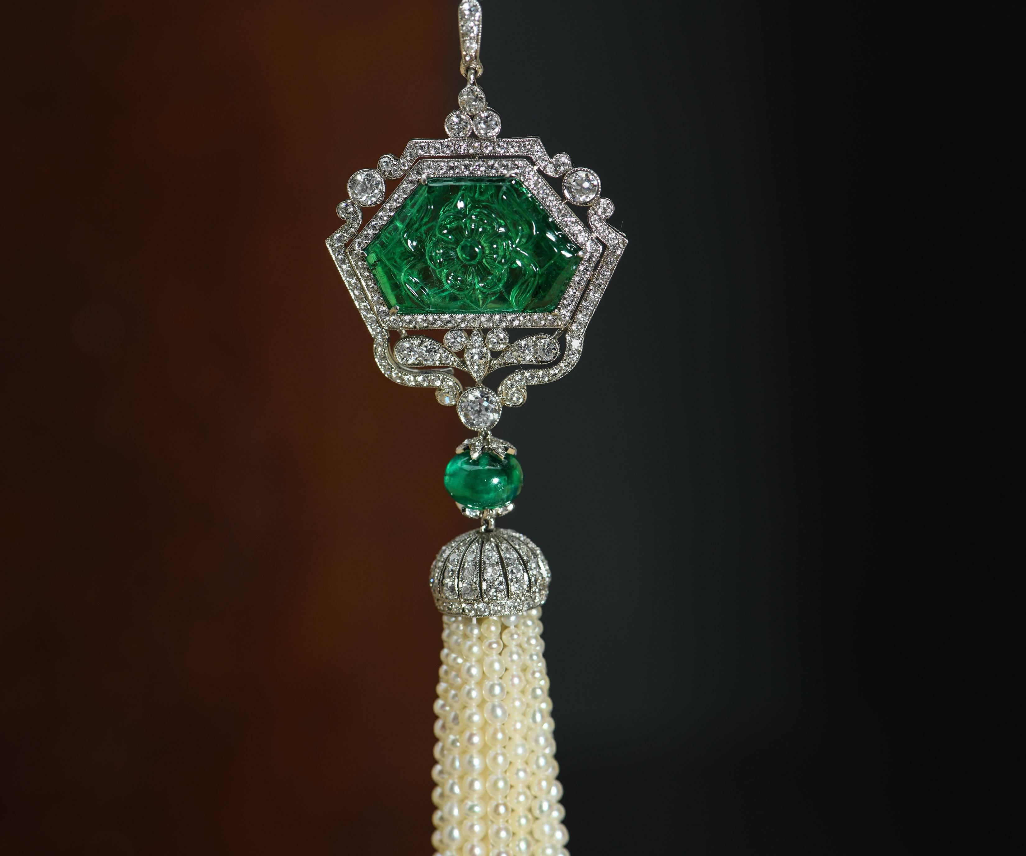 Art Deco Style Carved Emerald and Diamond Pendant with Pearl Tassel 1
