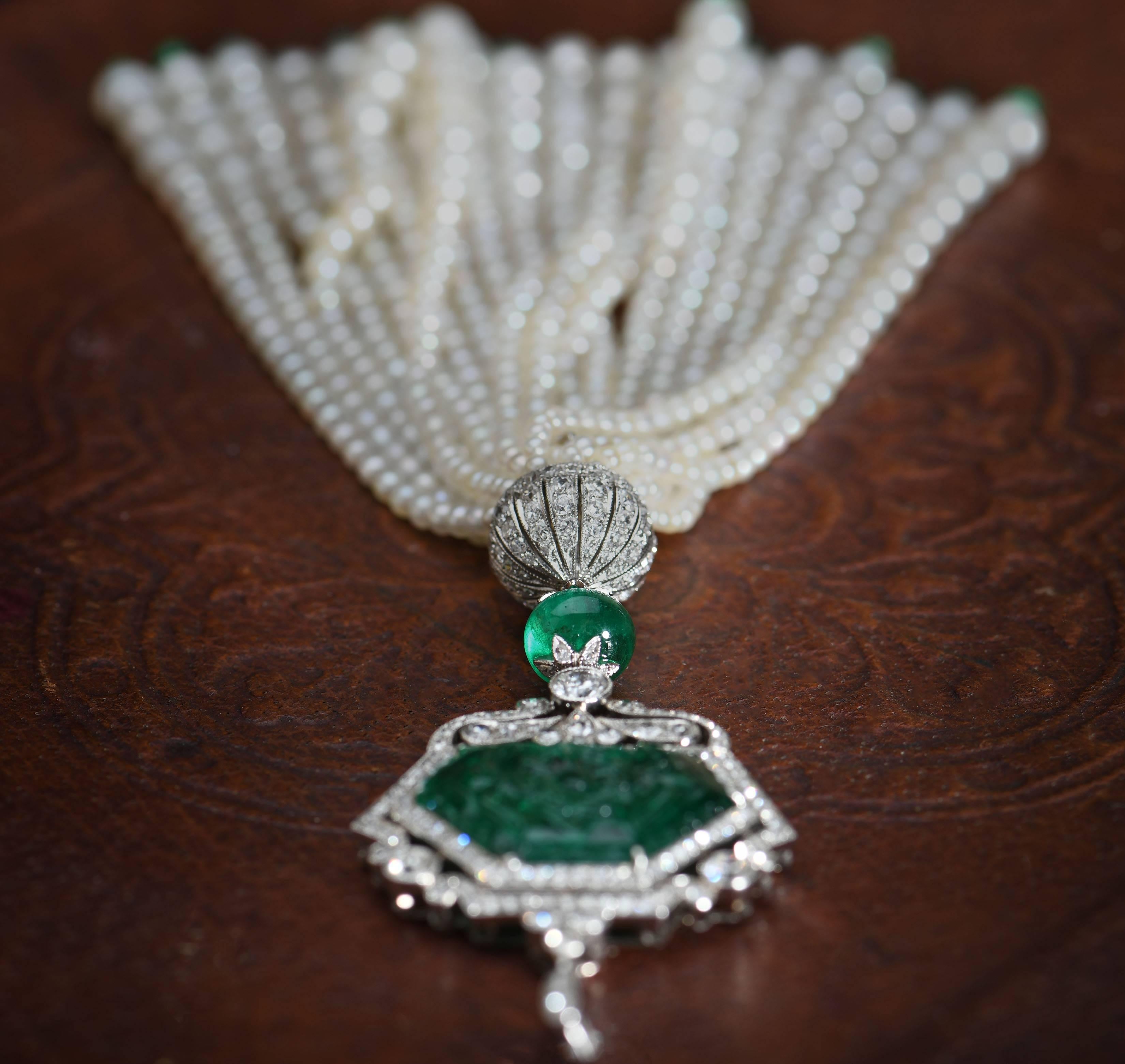 Art Deco Style Carved Emerald and Diamond Pendant with Pearl Tassel 2