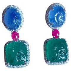  Art Deco style, carved Emerald, Blue Sapphires & Diamonds Chandelier Earrings