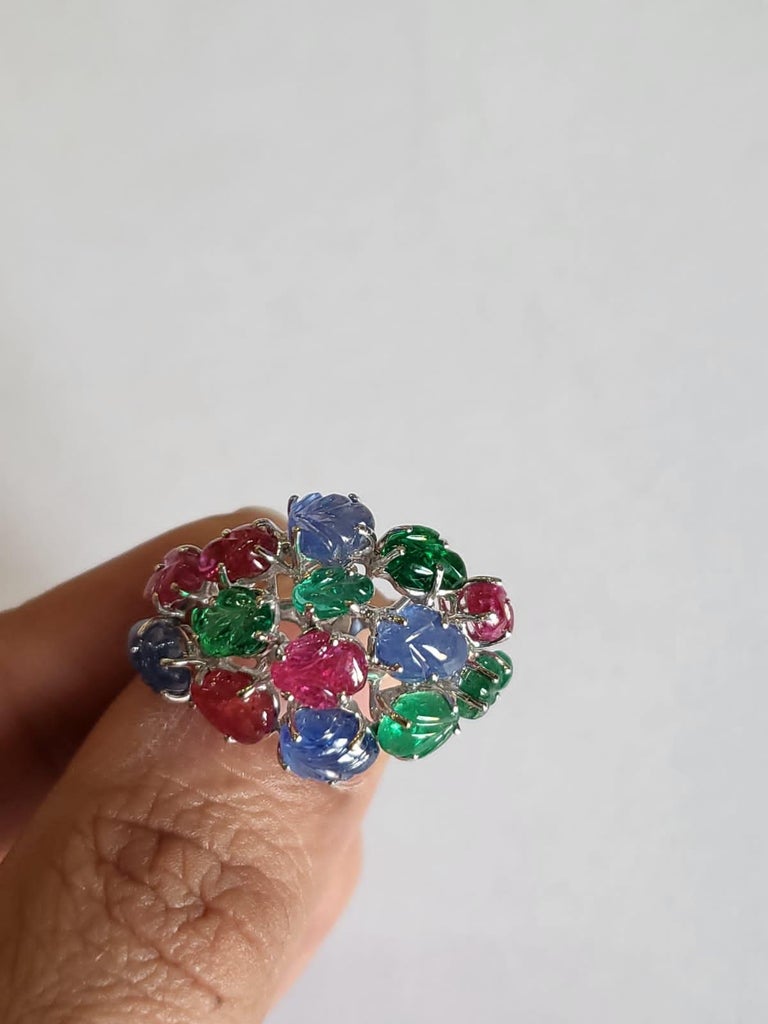 Art Deco style, carved Emerald, Ruby and Blue Sapphire Tutti Frutti