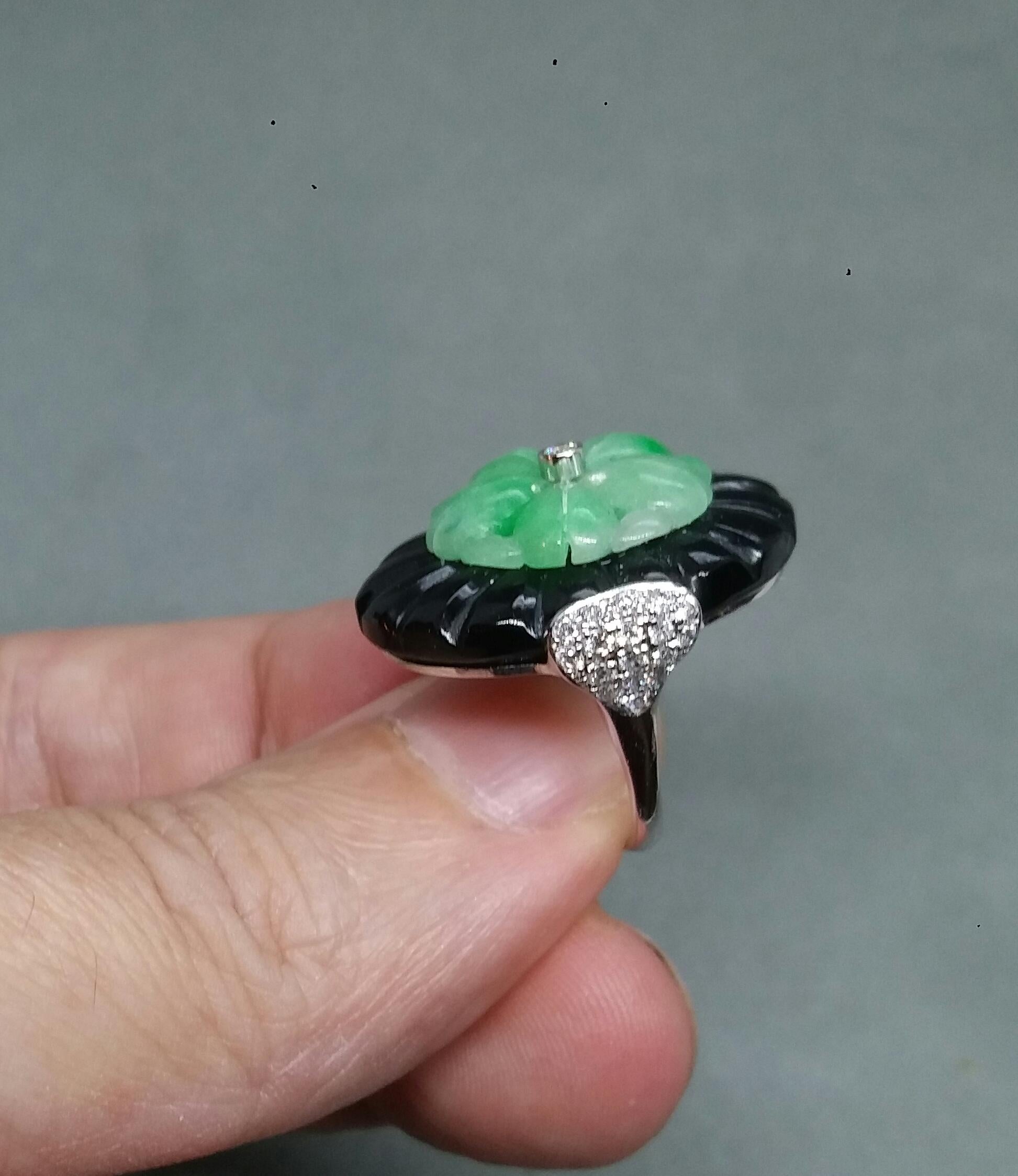 Art Deco Style Carved Jade and Black Onyx 14k White Gold Diamonds Cocktail Ring For Sale 7