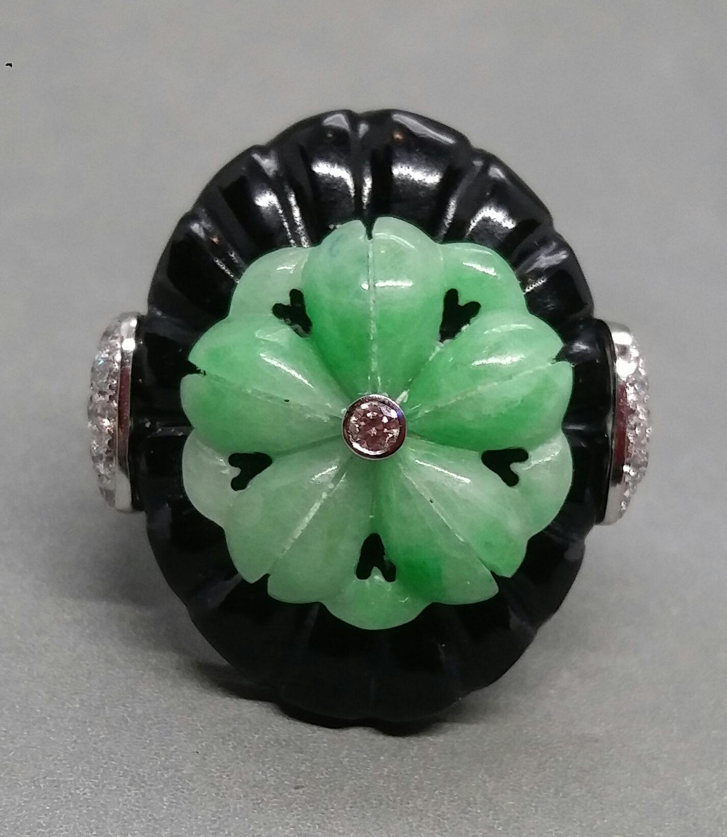 Mixed Cut Art Deco Style Carved Jade and Black Onyx 14k White Gold Diamonds Cocktail Ring For Sale