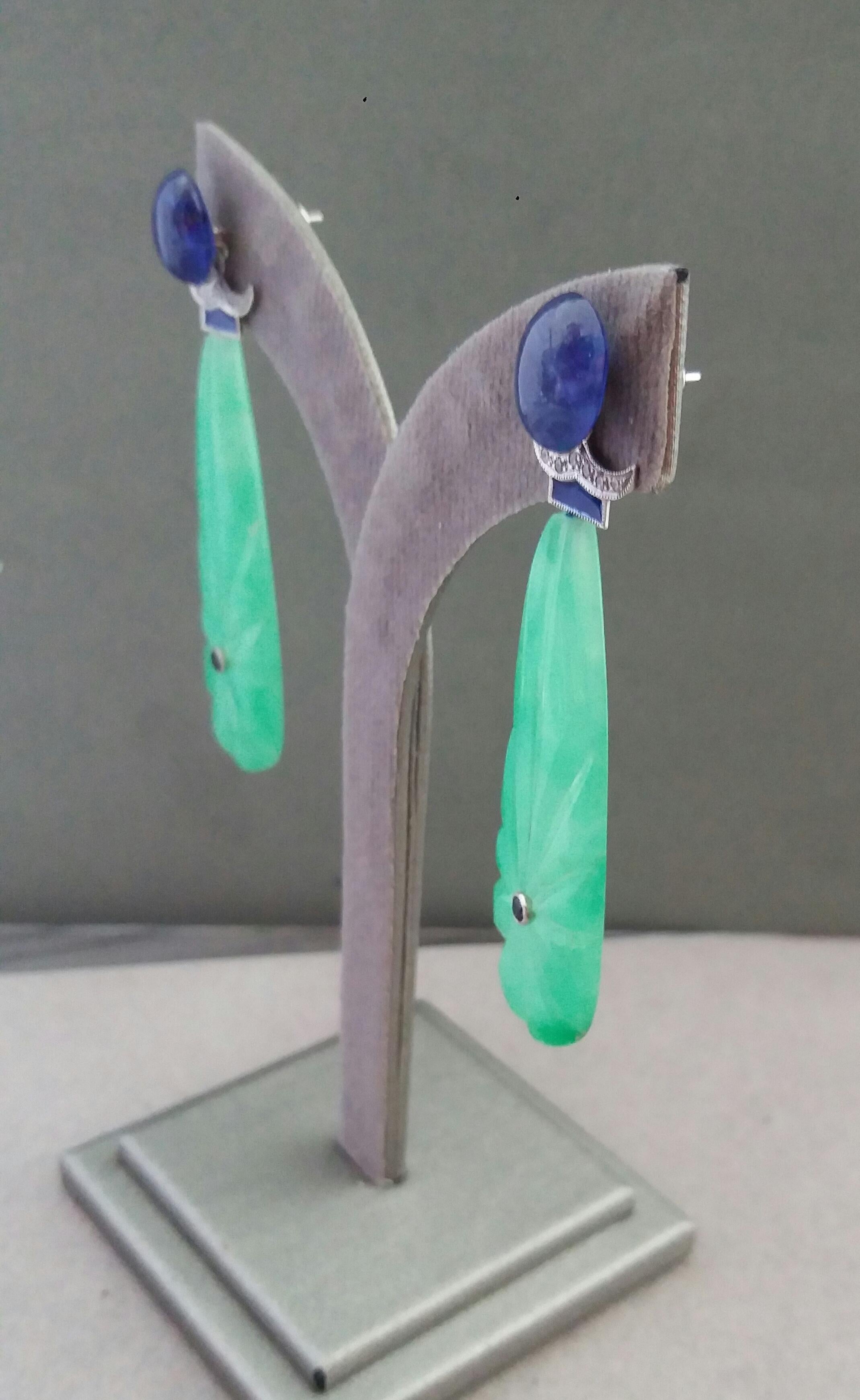 Art Deco Style Carved Jade Blue Sapphire Gold Diamonds Blue Enamel Drop Earrings For Sale 4