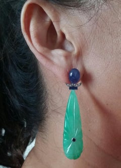 Art Deco Style Carved Jade Blue Sapphire Gold Diamonds Blue Enamel Drop Earrings