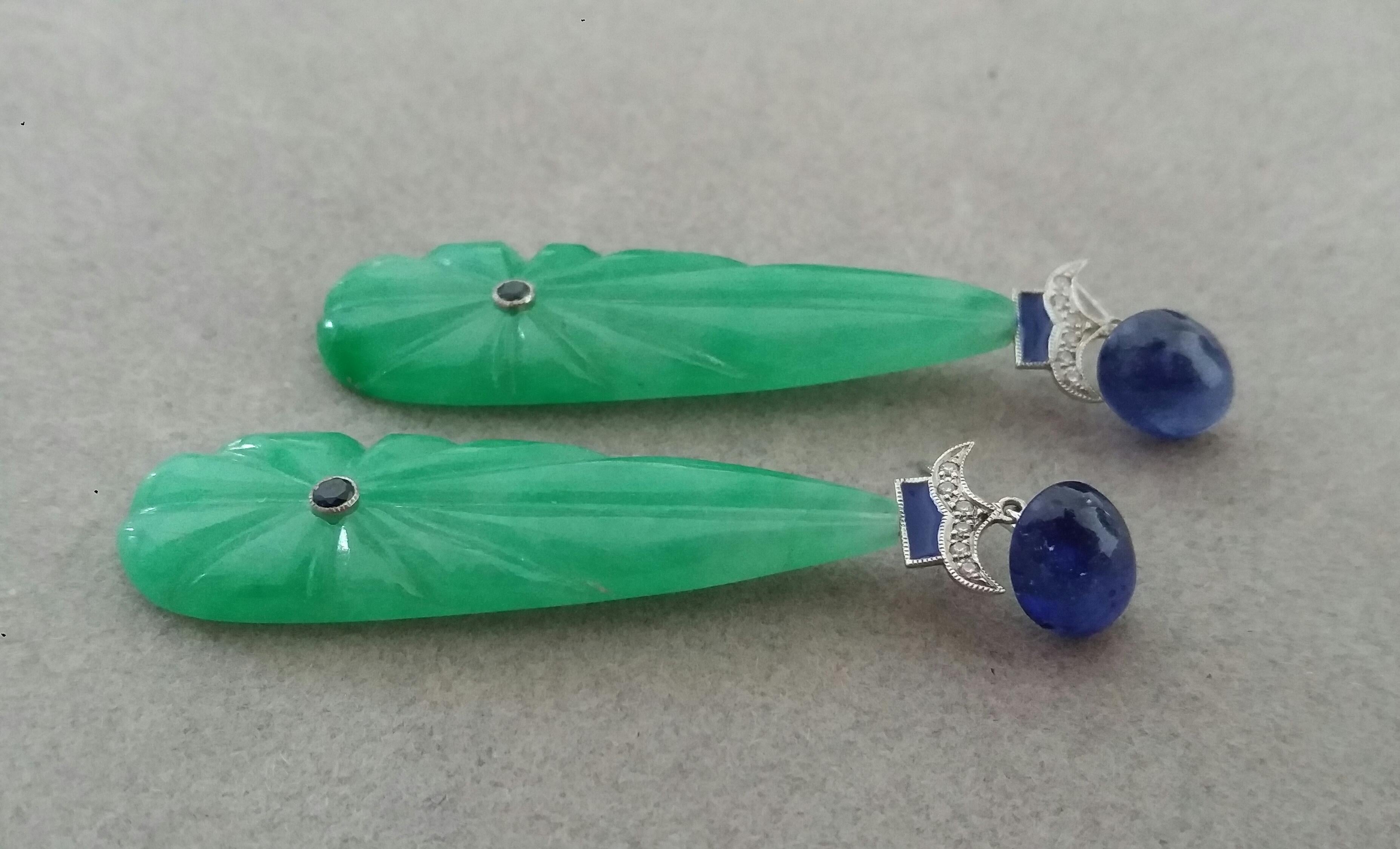 Art Deco Style Carved Jade Blue Sapphire Gold Diamonds Blue Enamel Drop Earrings In Good Condition For Sale In Bangkok, TH