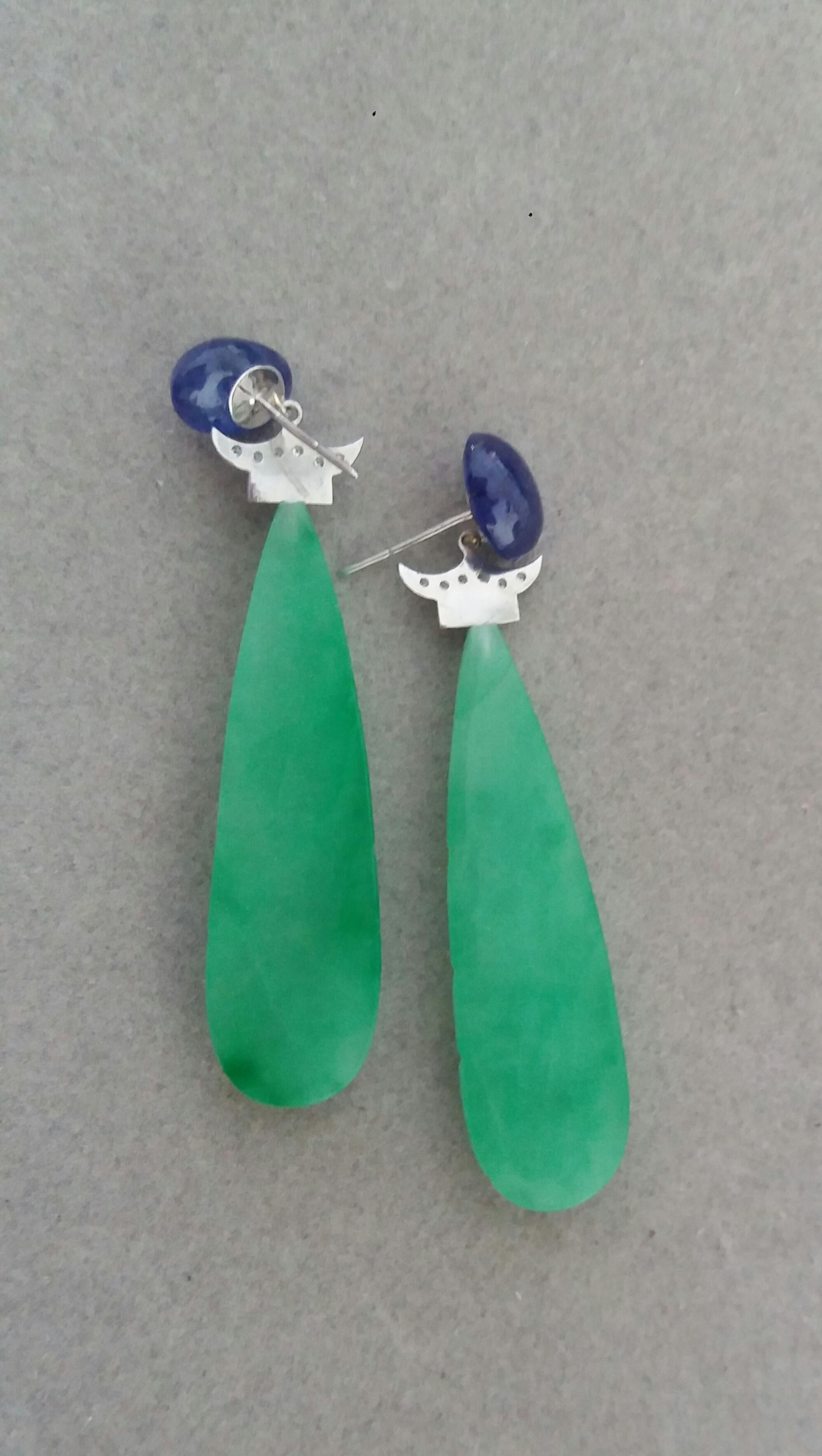 Art Deco Style Carved Jade Blue Sapphire Gold Diamonds Blue Enamel Drop Earrings For Sale 1