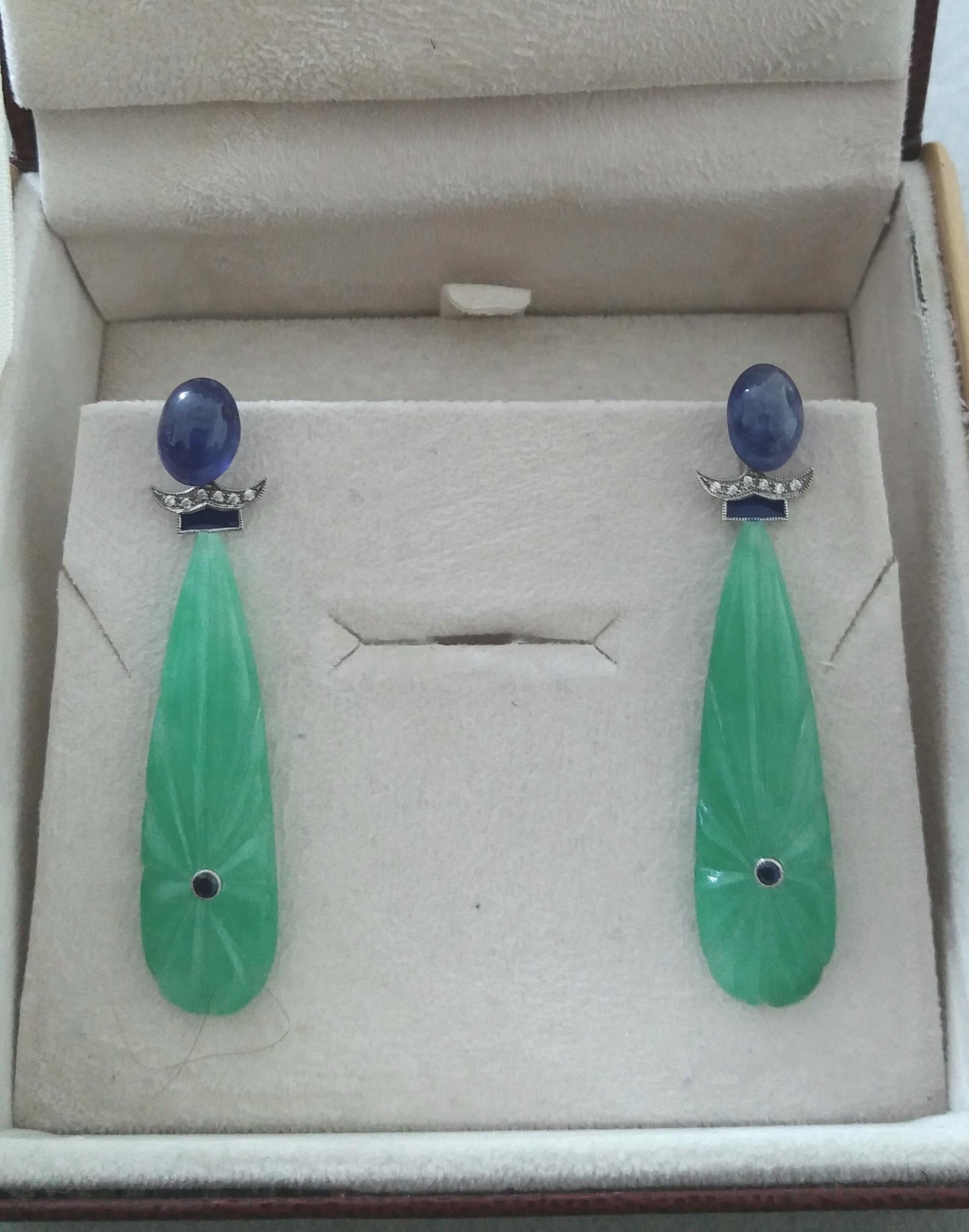 Art Deco Style Carved Jade Blue Sapphire Gold Diamonds Blue Enamel Drop Earrings For Sale 2