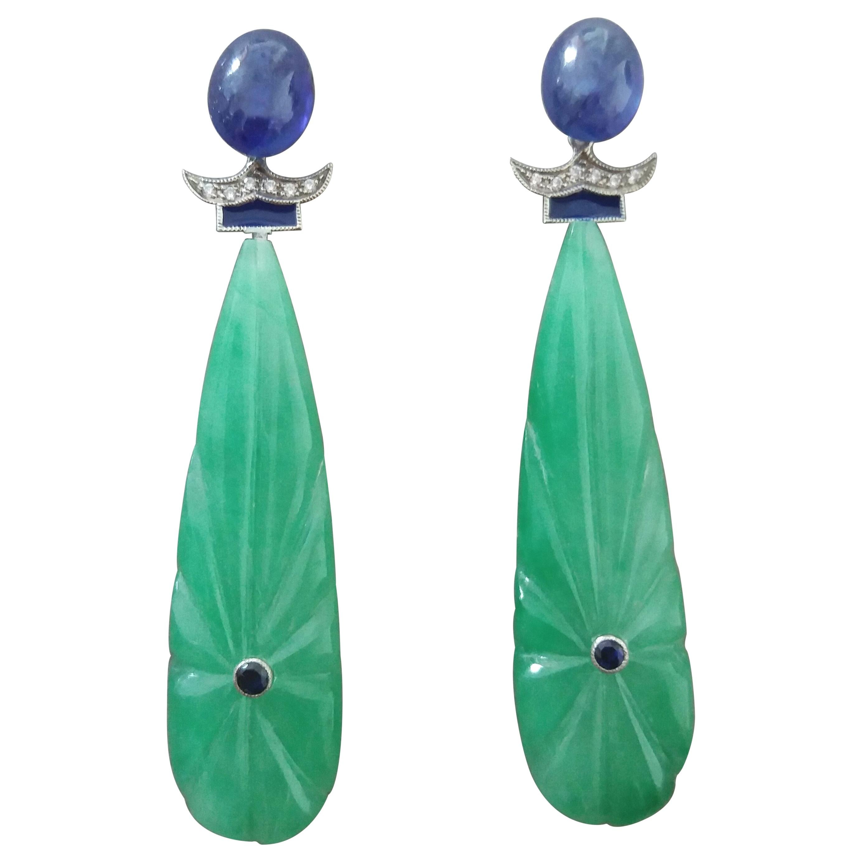 Art Deco Style Carved Jade Blue Sapphire Gold Diamonds Blue Enamel Drop Earrings For Sale