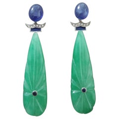 Art Deco Style Carved Jade Blue Sapphire Gold Diamonds Blue Enamel Drop Earrings