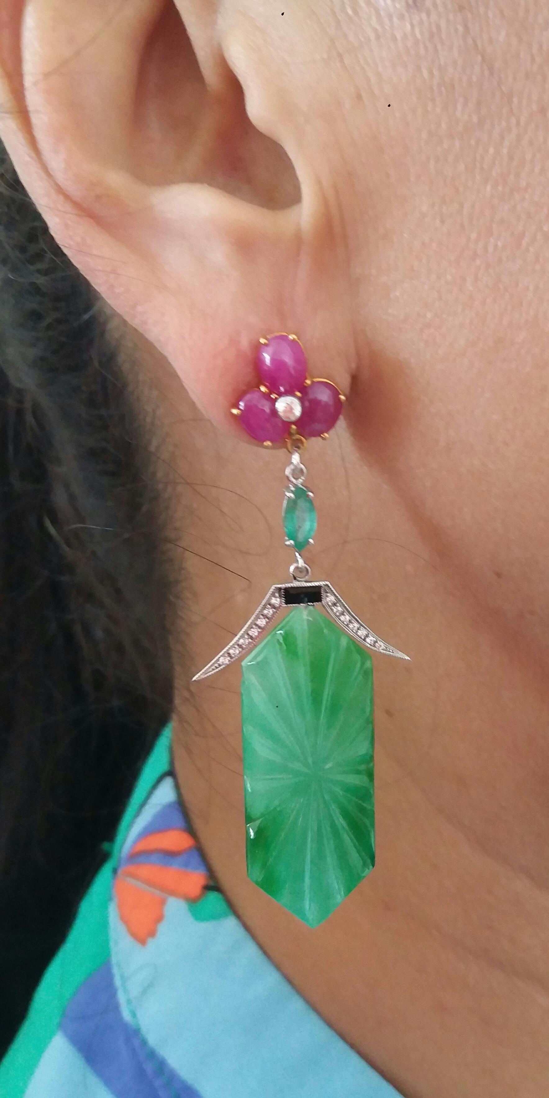 Art Deco Style Carved Jade Emeralds Rubies Enamels Gold Diamonds Dangle Earrings For Sale 5