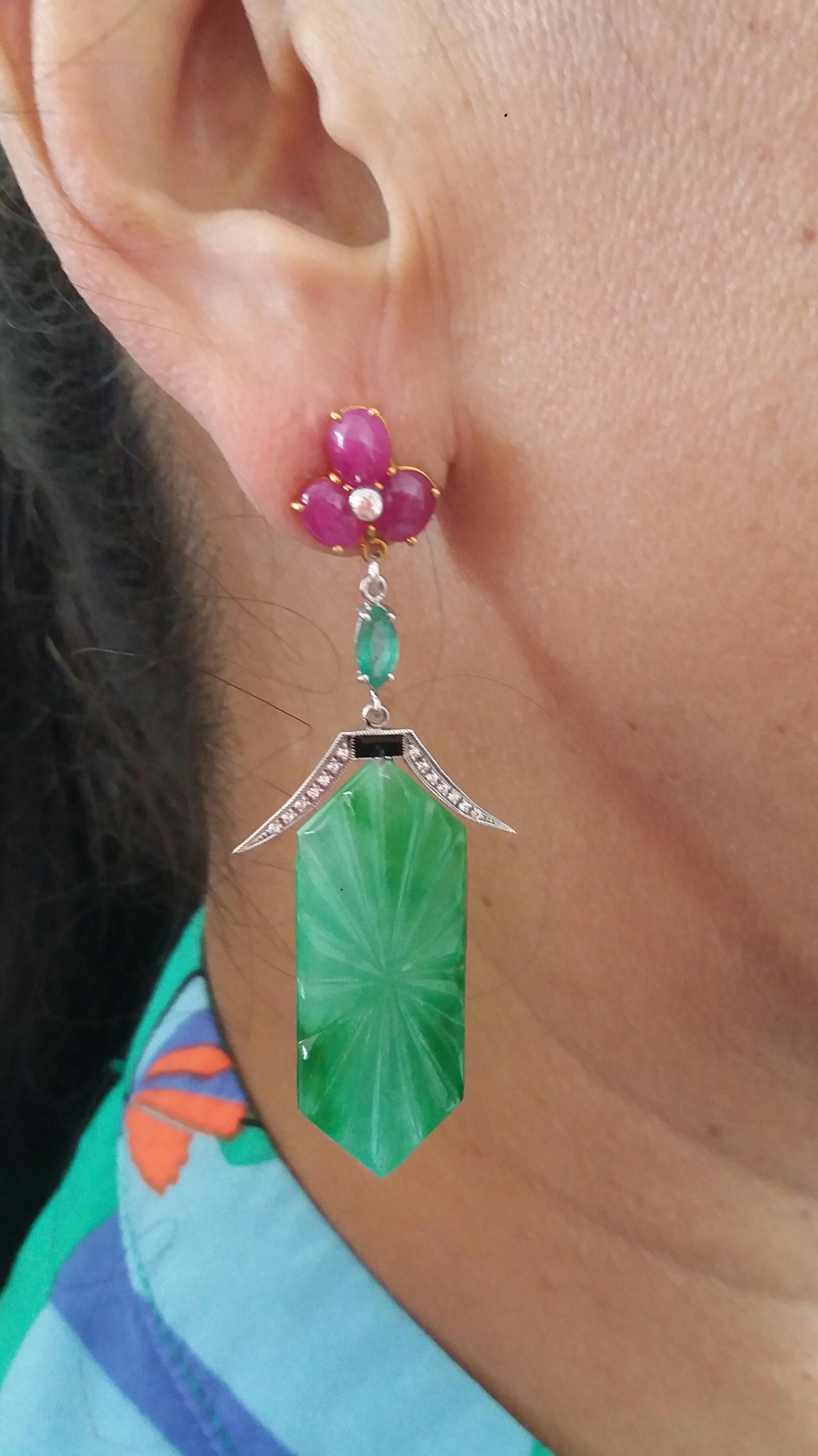 Art Deco Style Carved Jade Emeralds Rubies Enamels Gold Diamonds Dangle Earrings For Sale 6