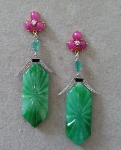 Art Deco Style Carved Jade Emeralds Rubies Enamels Gold Diamonds Dangle Earrings