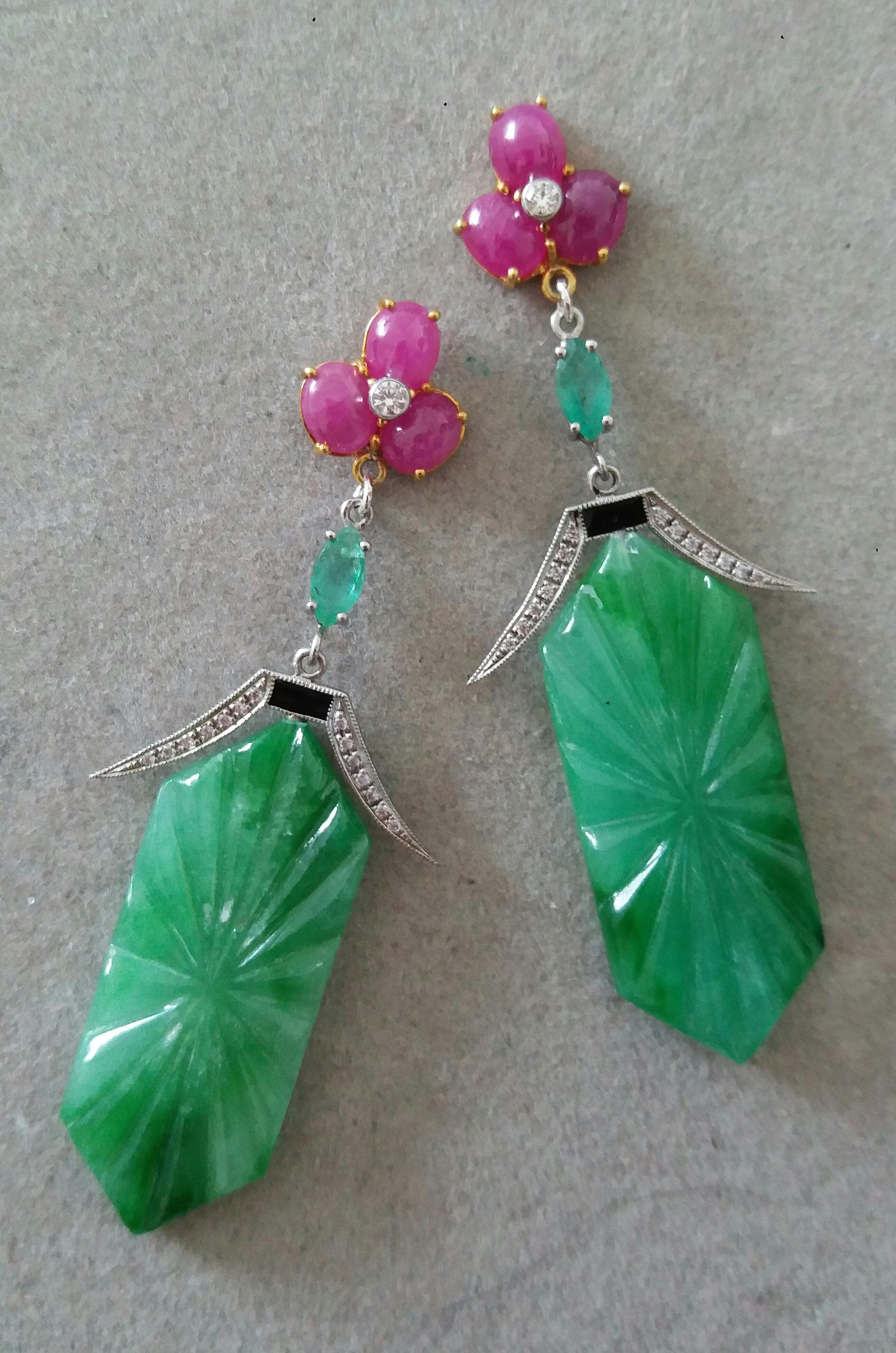 Mixed Cut Art Deco Style Carved Jade Emeralds Rubies Enamels Gold Diamonds Dangle Earrings For Sale