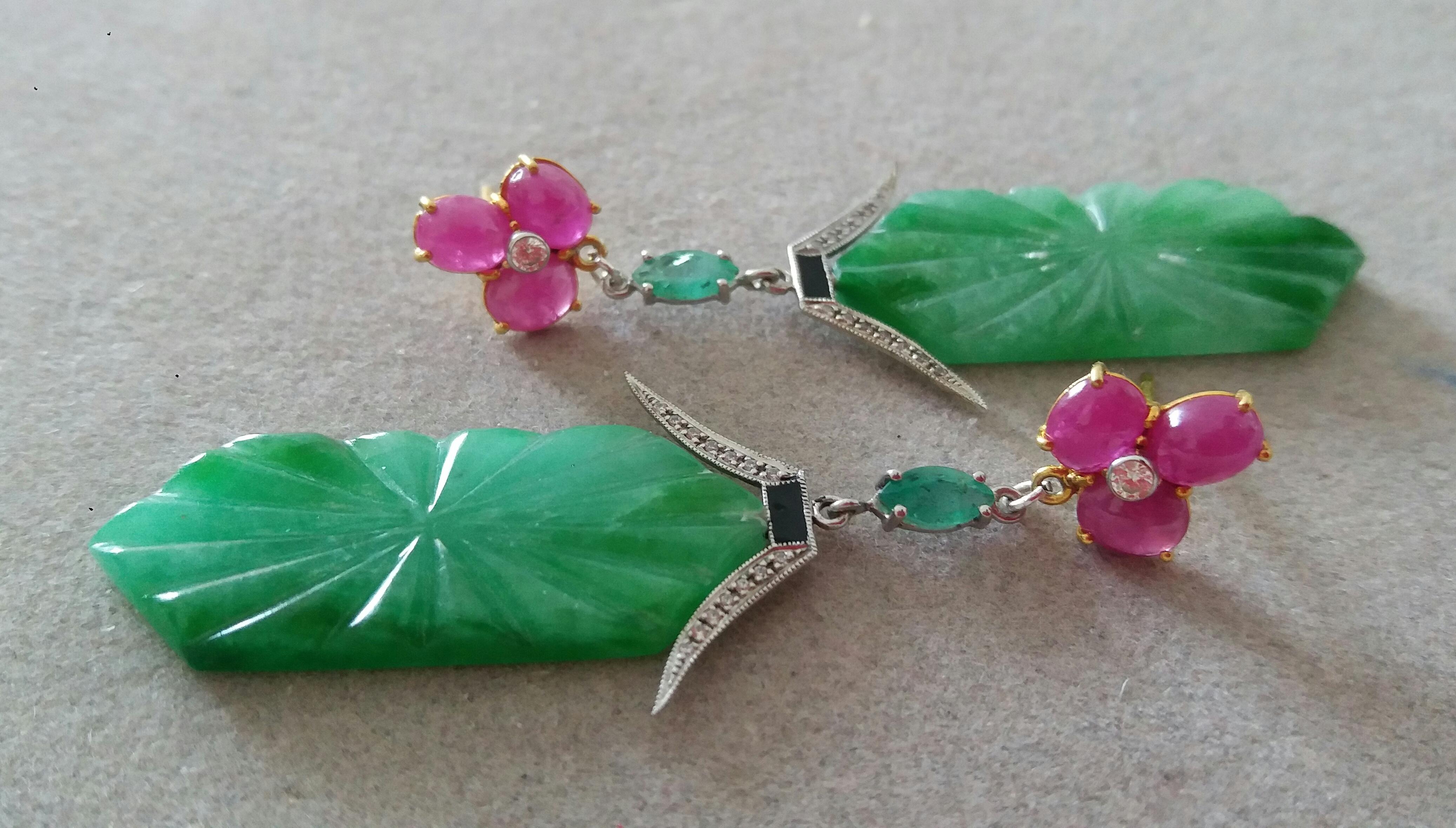 Art Deco Style Carved Jade Emeralds Rubies Enamels Gold Diamonds Dangle Earrings In Good Condition For Sale In Bangkok, TH