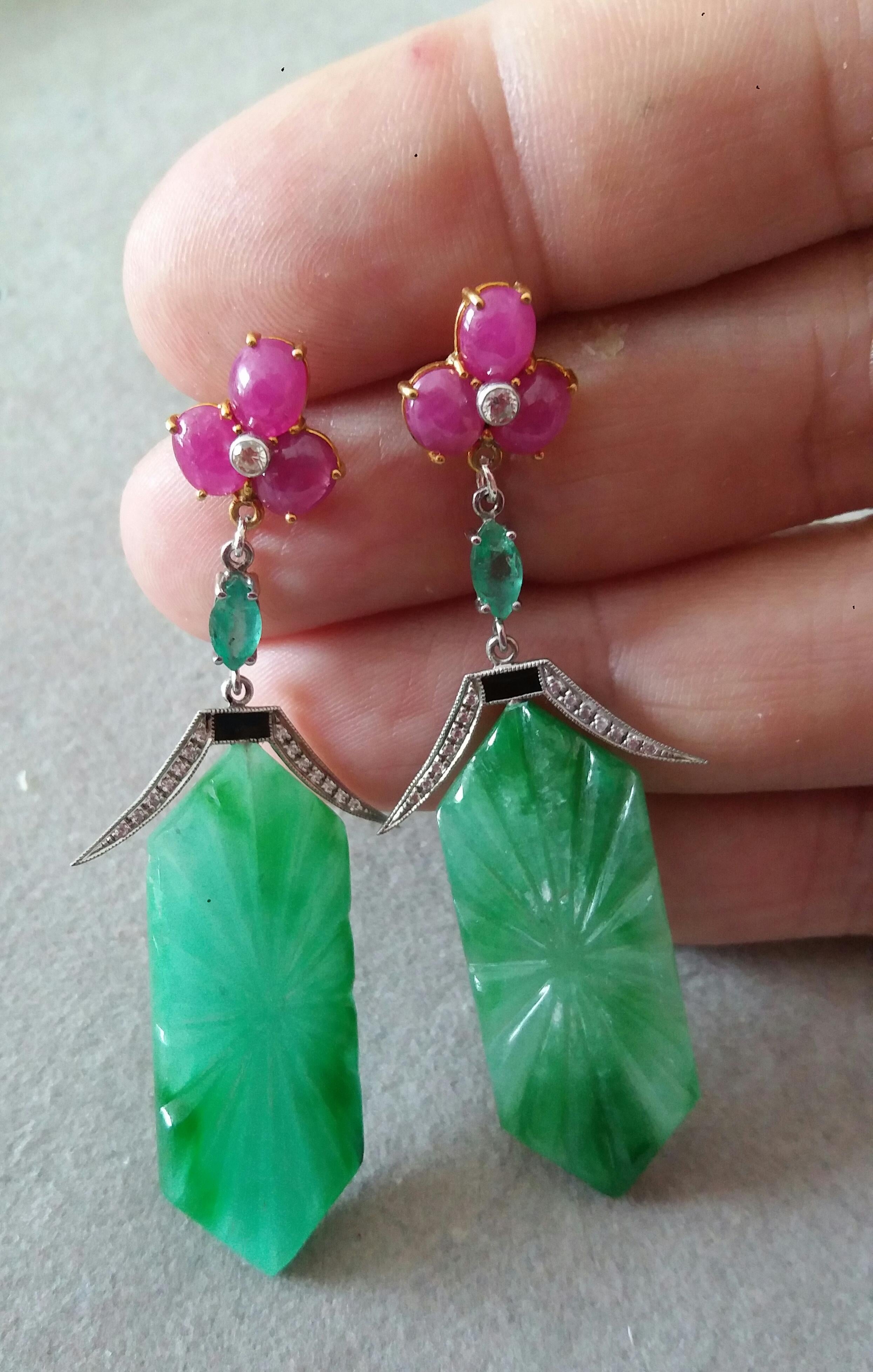Women's Art Deco Style Carved Jade Emeralds Rubies Enamels Gold Diamonds Dangle Earrings For Sale