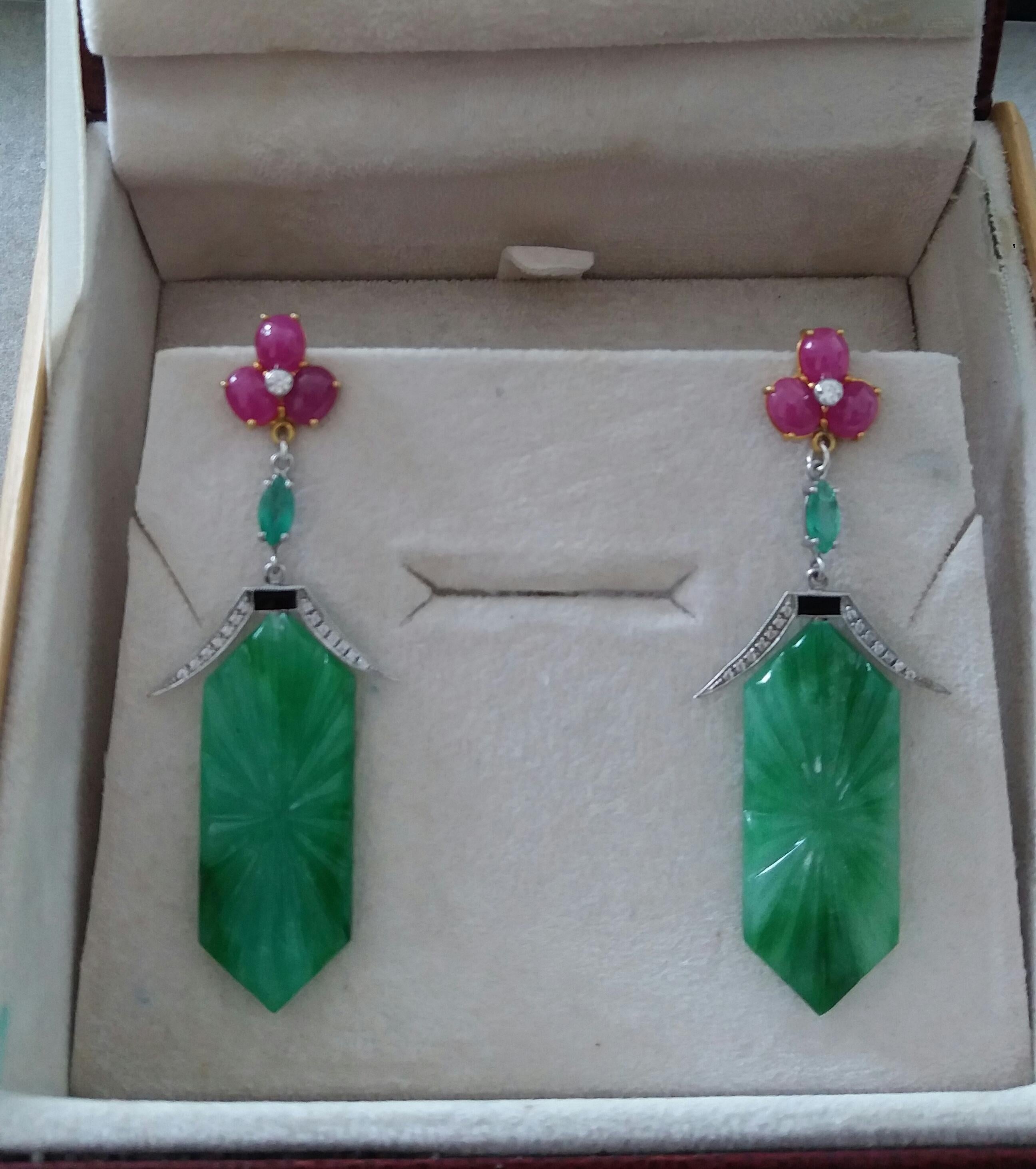 Art Deco Style Carved Jade Emeralds Rubies Enamels Gold Diamonds Dangle Earrings For Sale 1