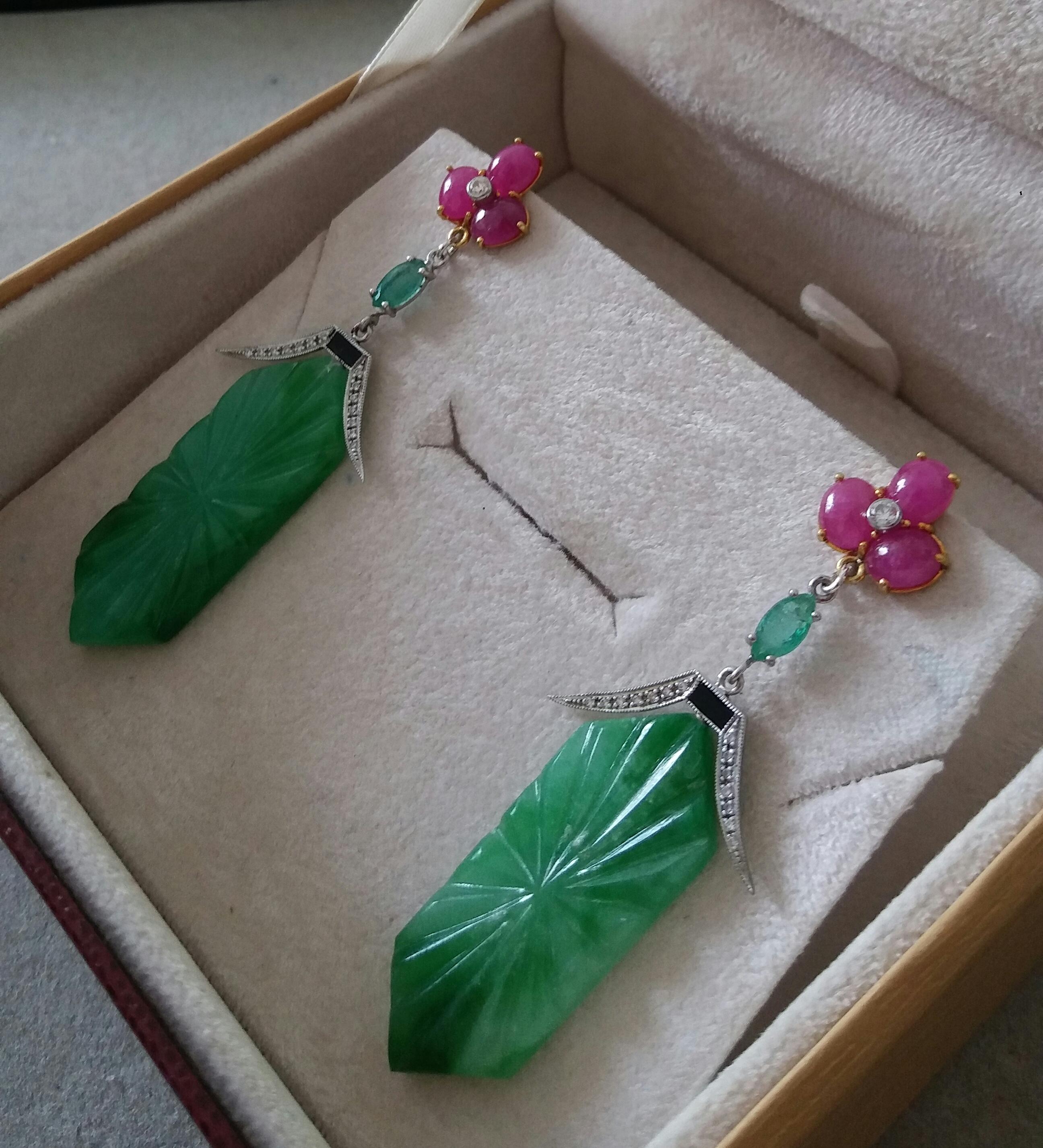 Art Deco Style Carved Jade Emeralds Rubies Enamels Gold Diamonds Dangle Earrings For Sale 2