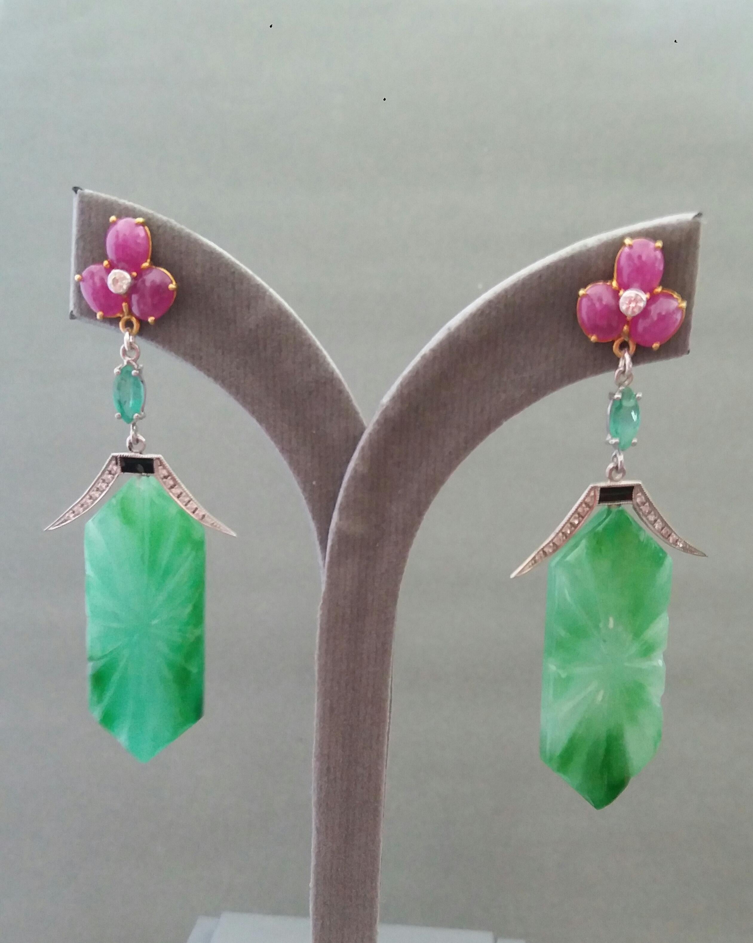 Art Deco Style Carved Jade Emeralds Rubies Enamels Gold Diamonds Dangle Earrings For Sale 3