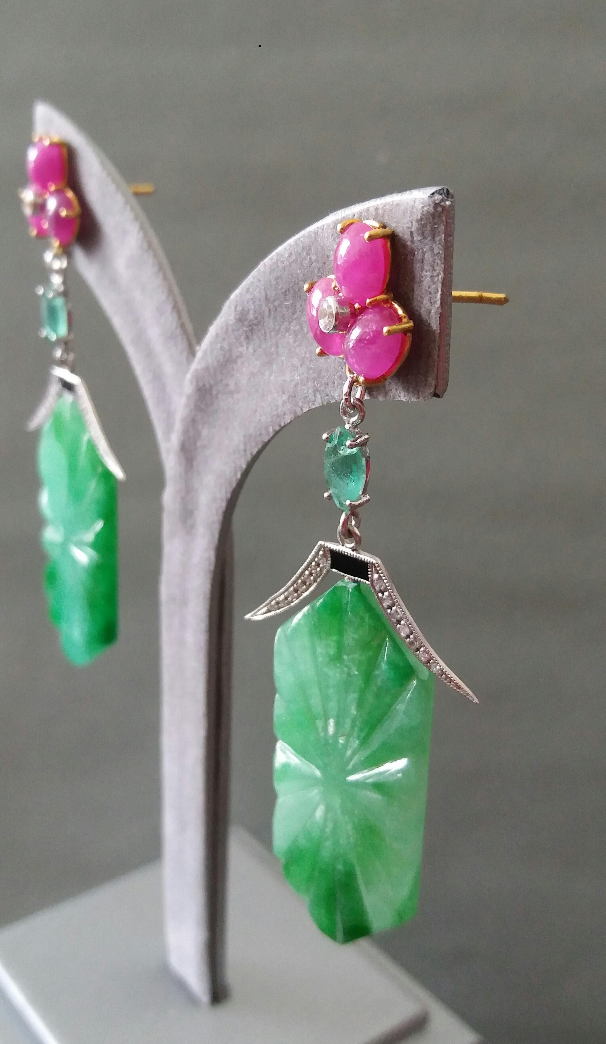 Art Deco Style Carved Jade Emeralds Rubies Enamels Gold Diamonds Dangle Earrings For Sale 4