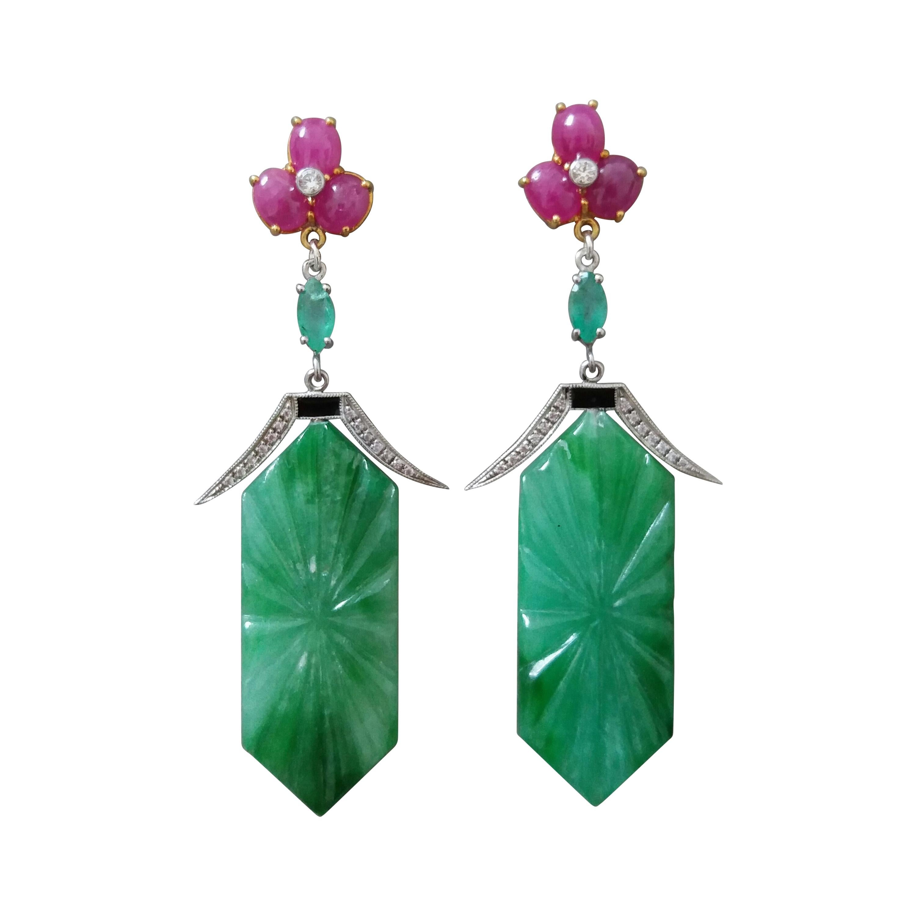 Art Deco Style Carved Jade Emeralds Rubies Enamels Gold Diamonds Dangle Earrings For Sale