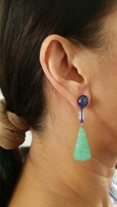 Art Deco Style Carved Engraved Jade 14K Gold Diamond Blue Enamel Dangle Earrings