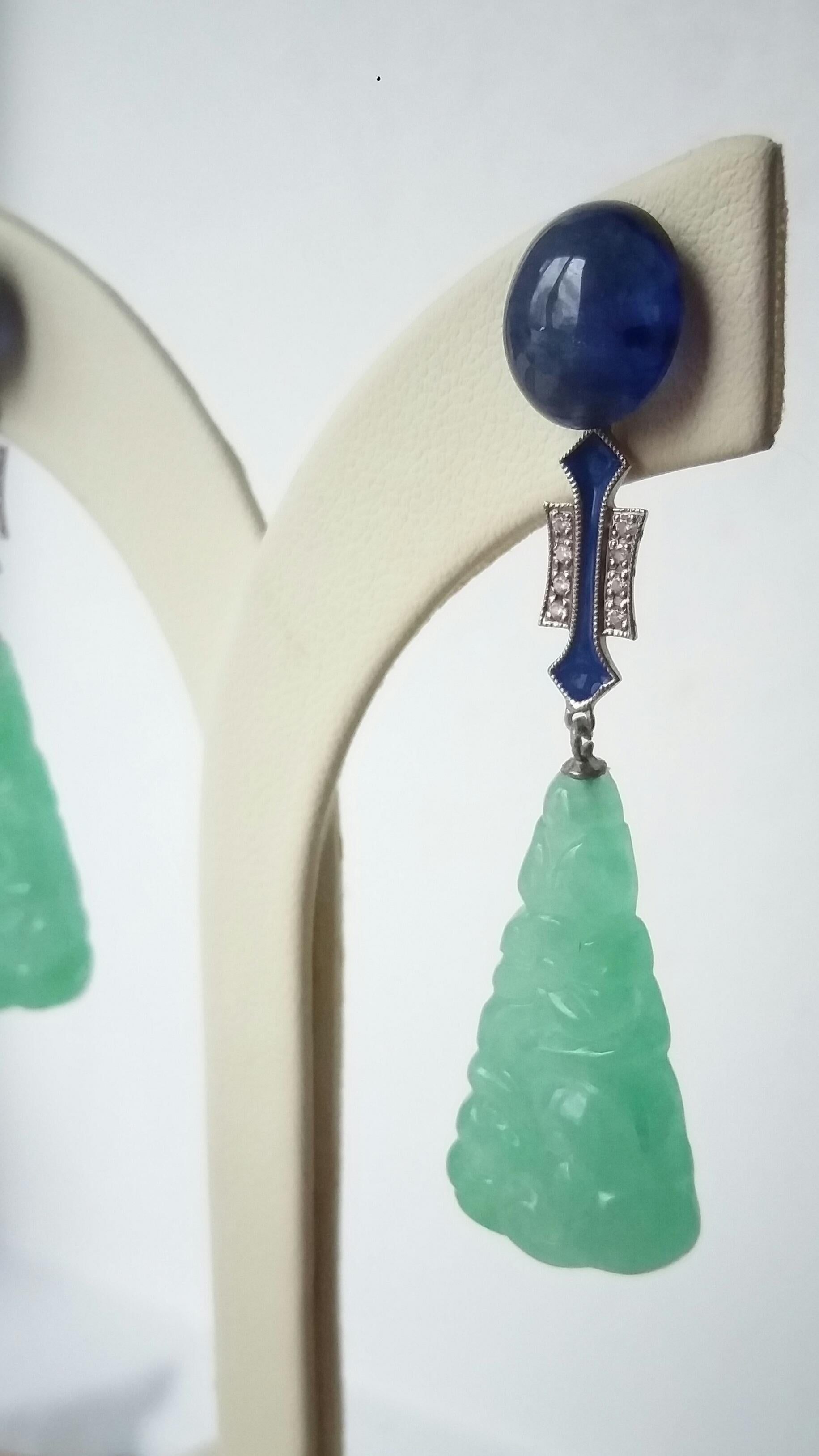 Cabochon Art Deco Style Carved Engraved Jade 14K Gold Diamond Blue Enamel Dangle Earrings For Sale