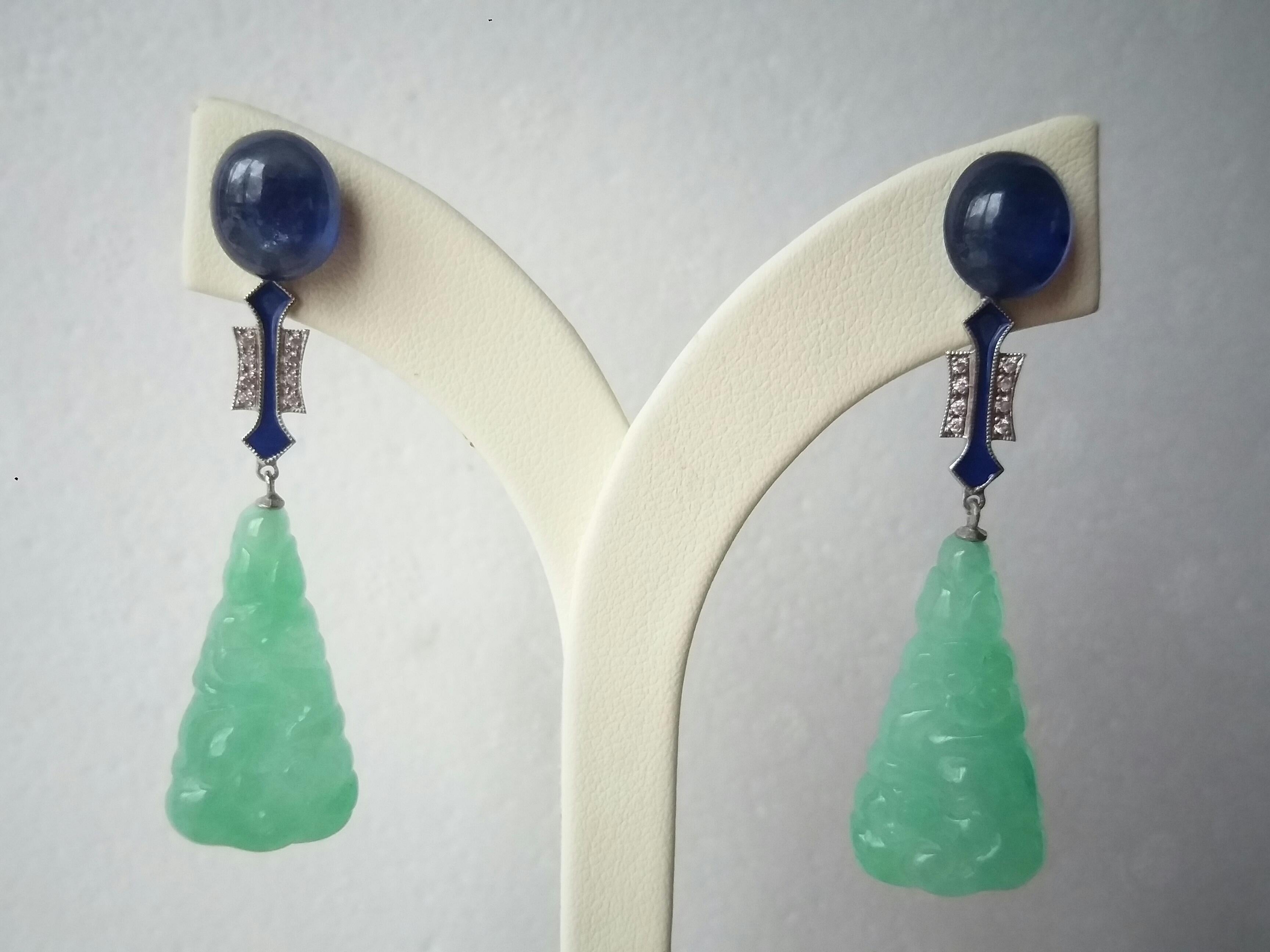 Art Deco Style Carved Engraved Jade 14K Gold Diamond Blue Enamel Dangle Earrings In Good Condition For Sale In Bangkok, TH