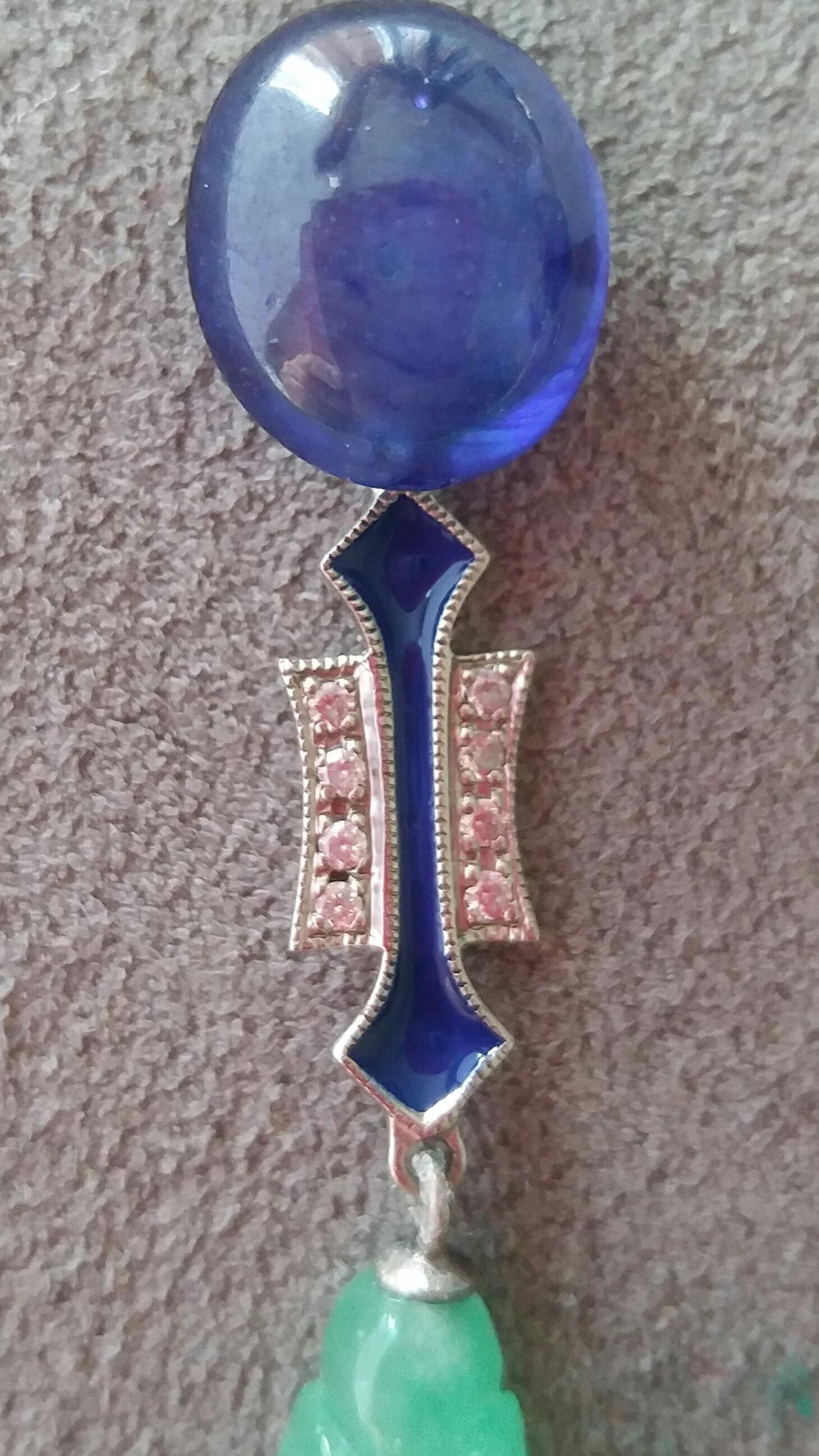 Art Deco Style Carved Engraved Jade 14K Gold Diamond Blue Enamel Dangle Earrings For Sale 1