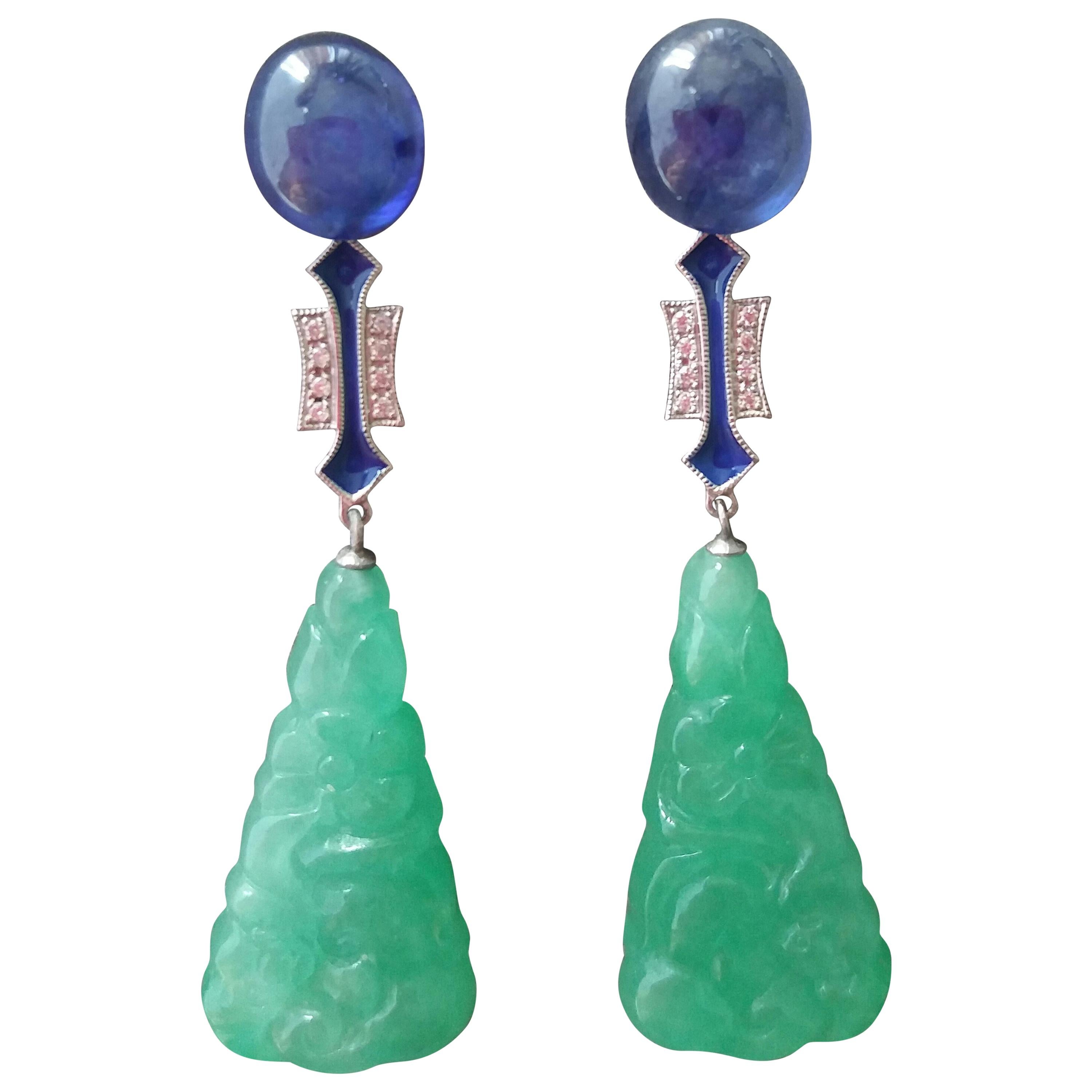 Art Deco Style Carved Engraved Jade 14K Gold Diamond Blue Enamel Dangle Earrings