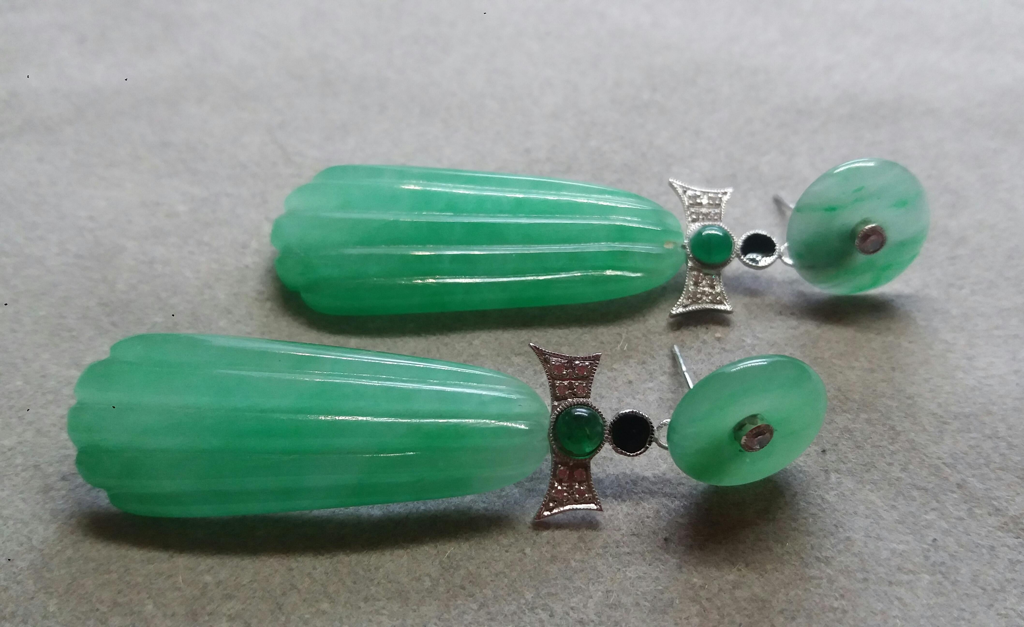 Mixed Cut Art Deco Style Carved Jade Gold Diamonds Emeralds Black Enamel Dangle Earrings For Sale