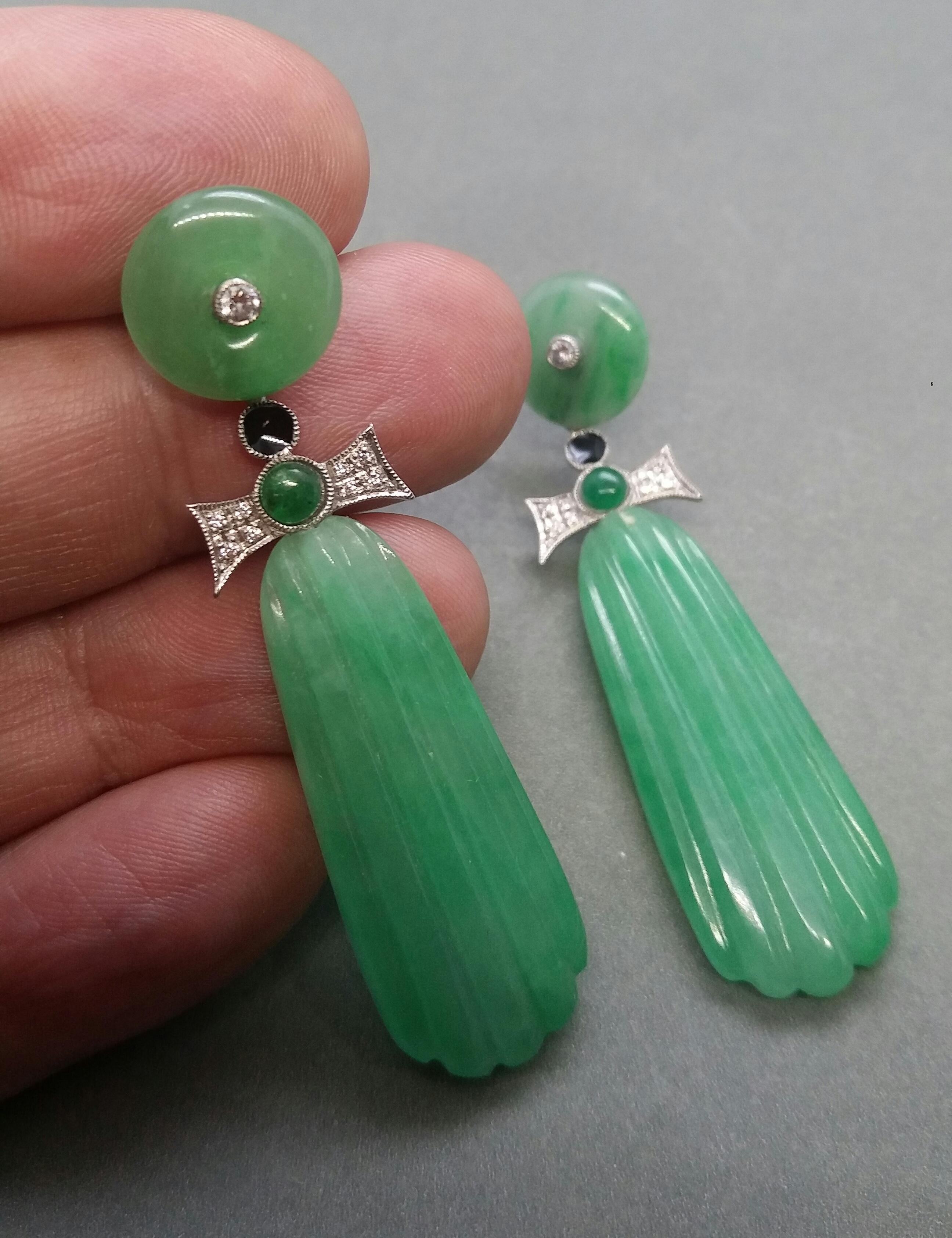 Art Deco Style Carved Jade Gold Diamonds Emeralds Black Enamel Dangle Earrings In Good Condition For Sale In Bangkok, TH